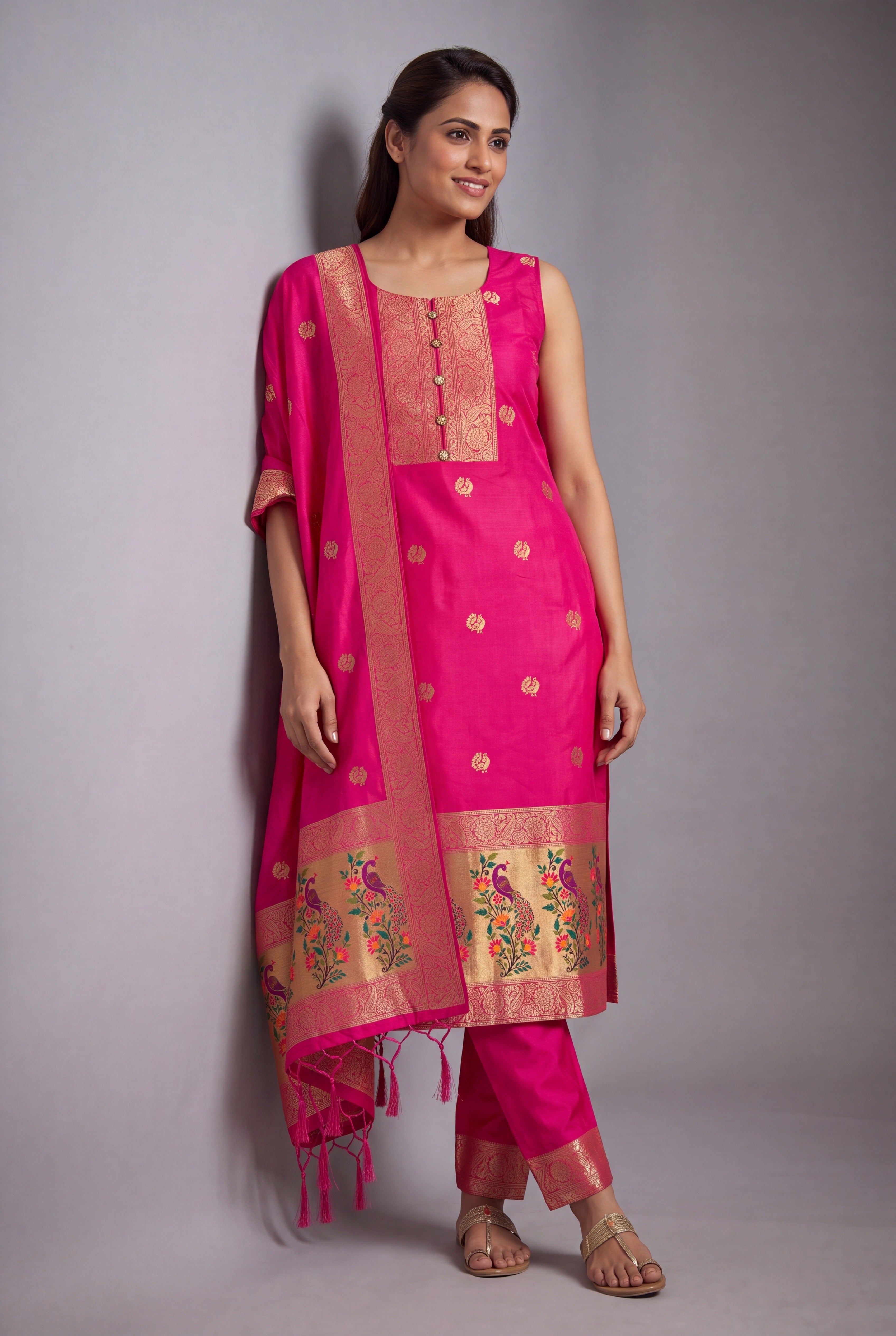 Rani Pink Soft Silk Paithani Suit Set with Resham threadwork