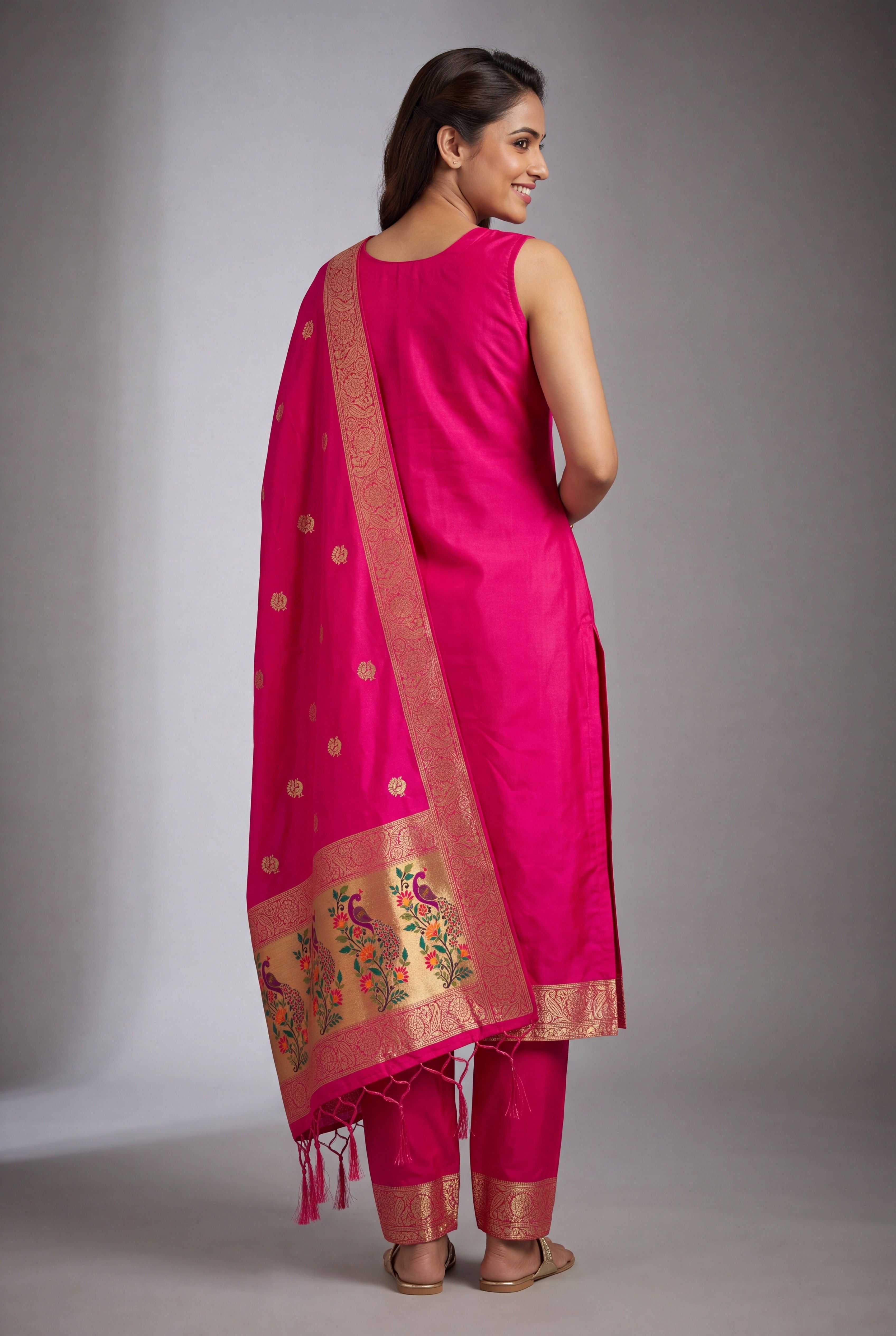 Rani Pink Soft Silk Paithani Suit Set with Resham threadwork