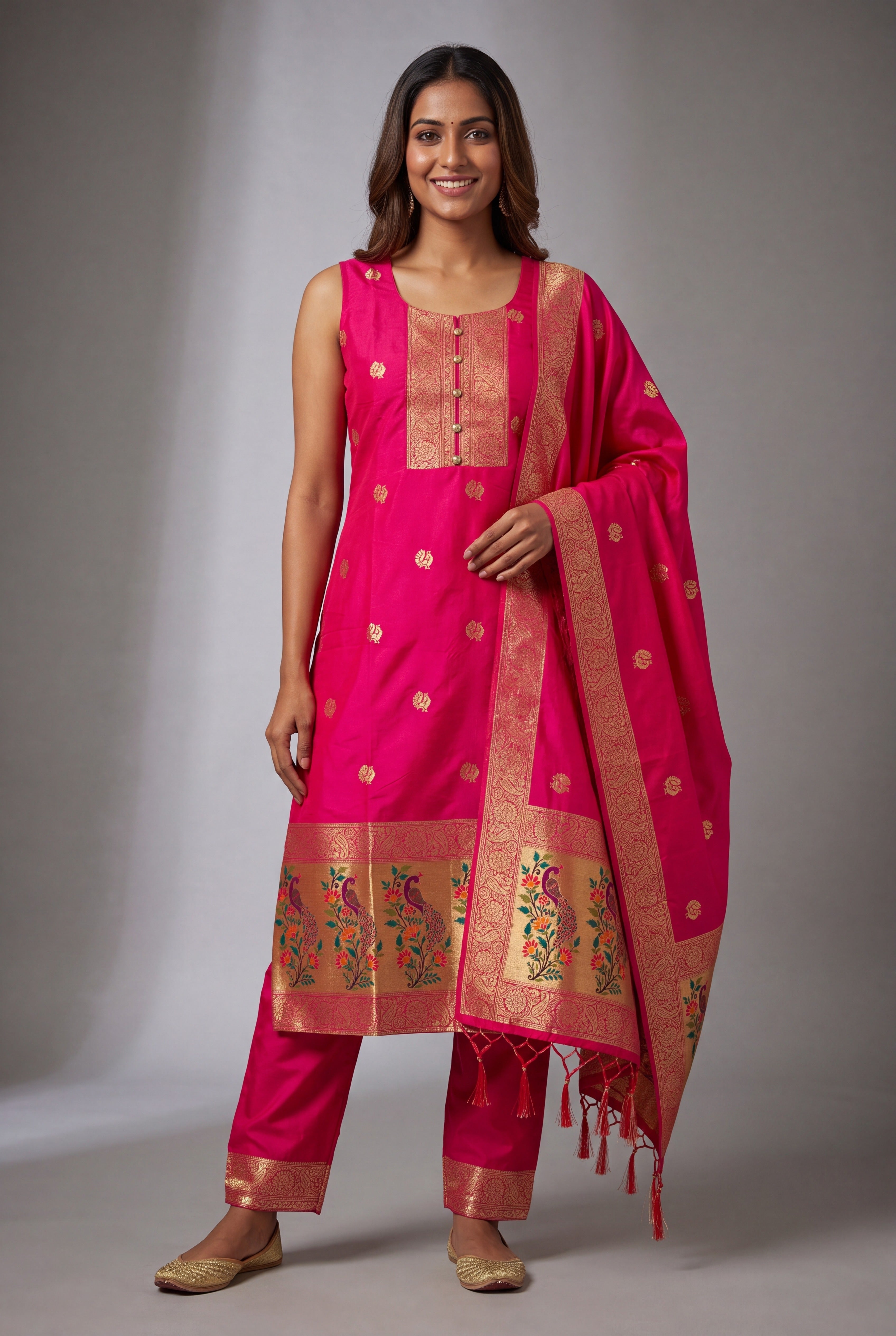 Rani Pink Soft Silk Paithani Suit Set with Resham threadwork