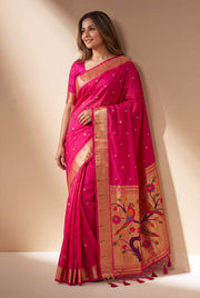 Rani Pink Tussar Silk Paithani Saree with Sukavrksa Pallu