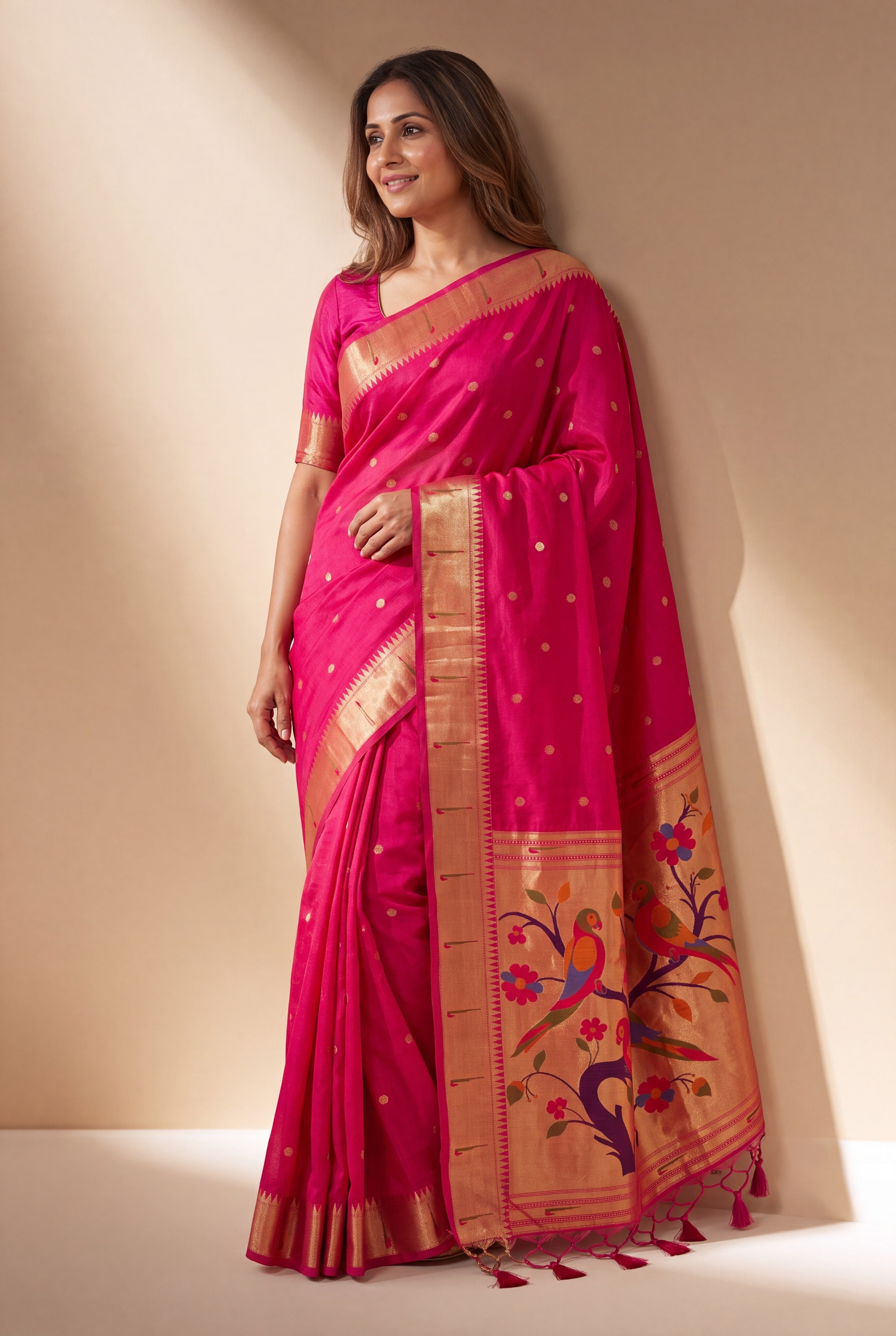 Rani Pink Tussar Silk Paithani Saree with Sukavrksa Pallu