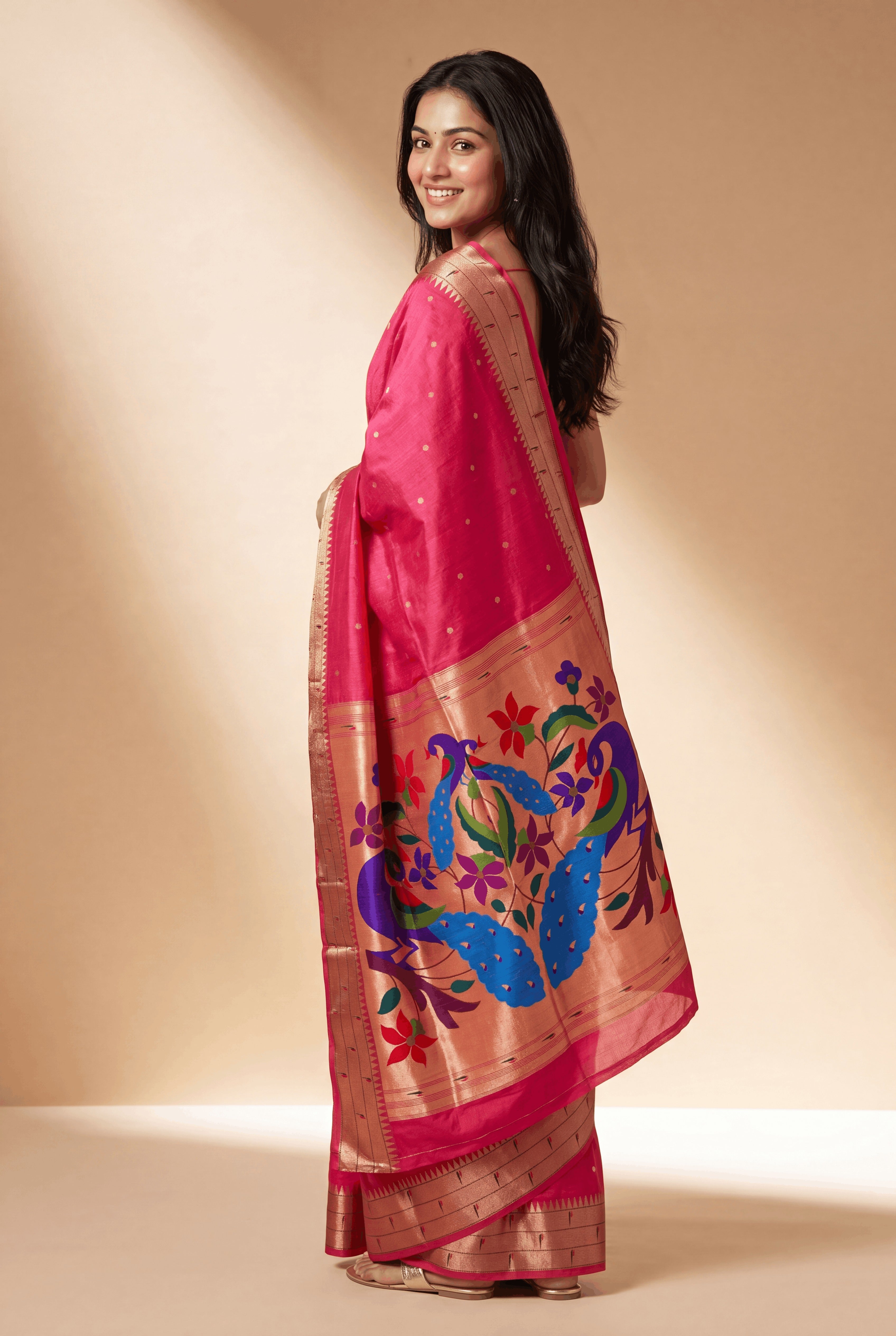 Rani Pink Tussar Silk Paithani Saree with Triple Munya border