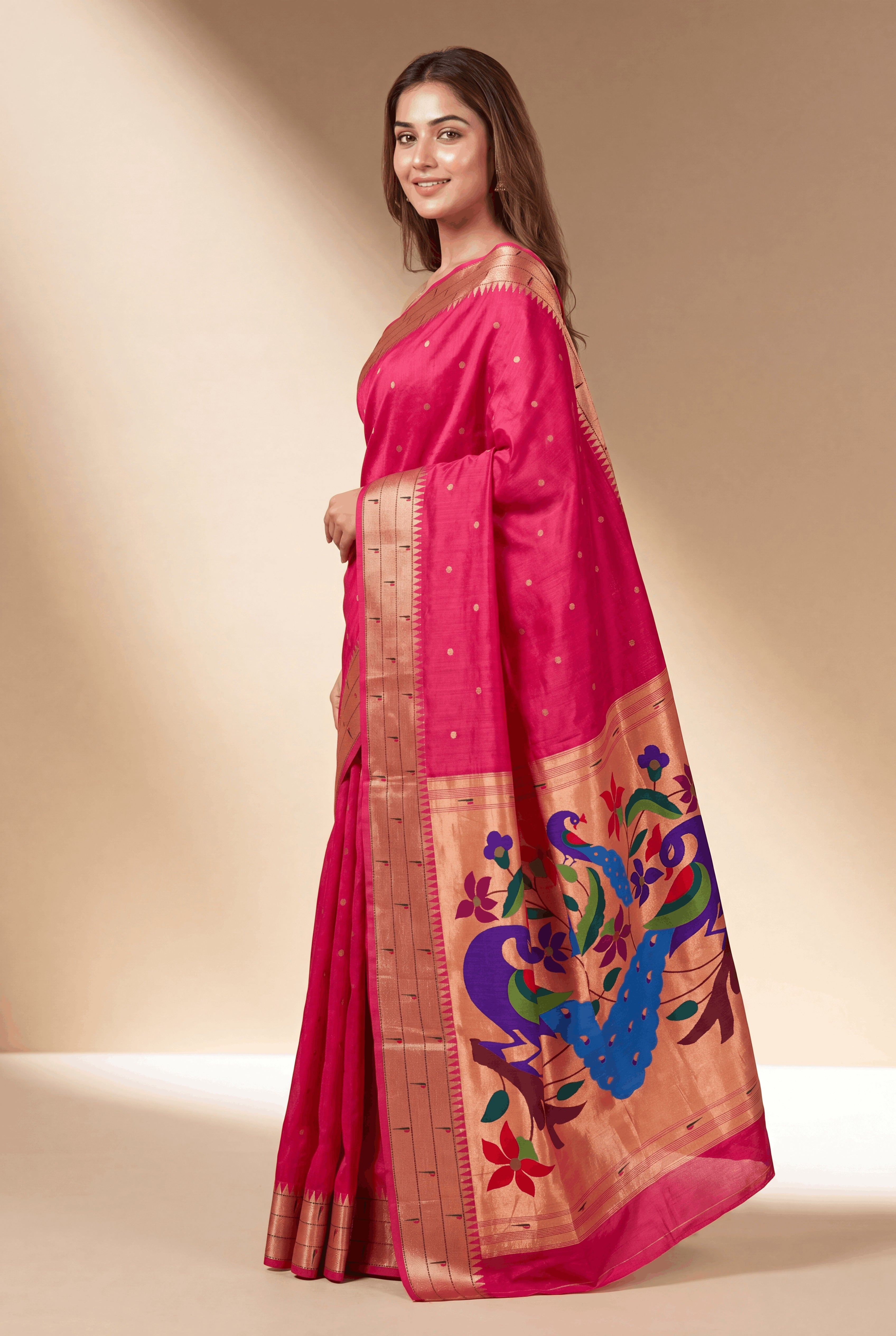 Rani Pink Tussar Silk Paithani Saree with Triple Munya border