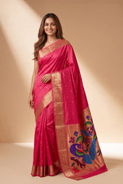 Rani Pink Tussar Silk Paithani Saree with Triple Munya border