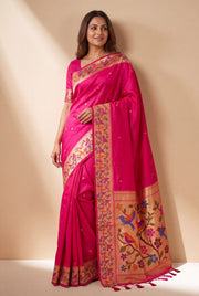Rani Pink Tussar Silk Paithani Saree with Vihaṅga Pallu and border