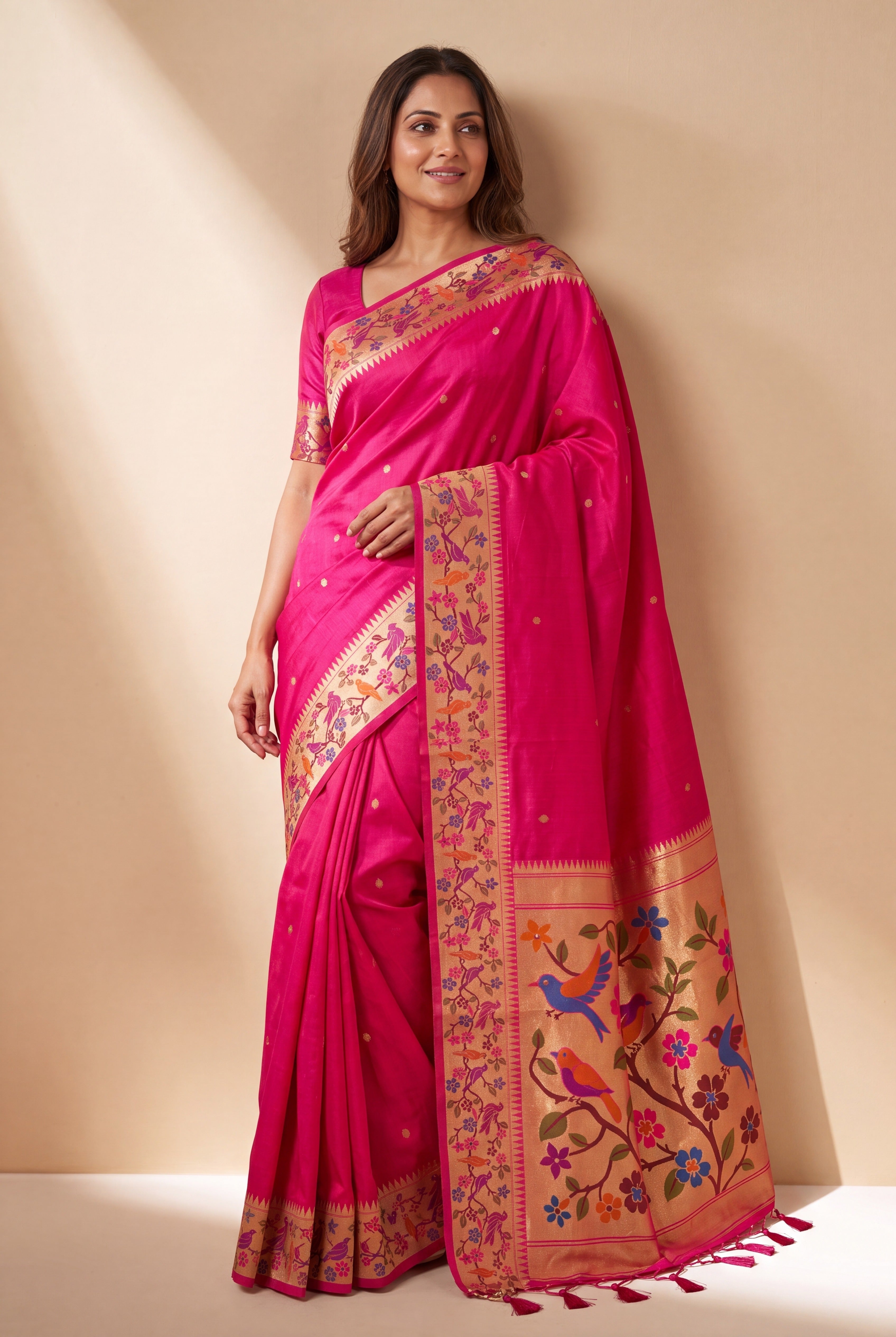 Rani Pink Tussar Silk Paithani Saree with Vihaṅga Pallu and border