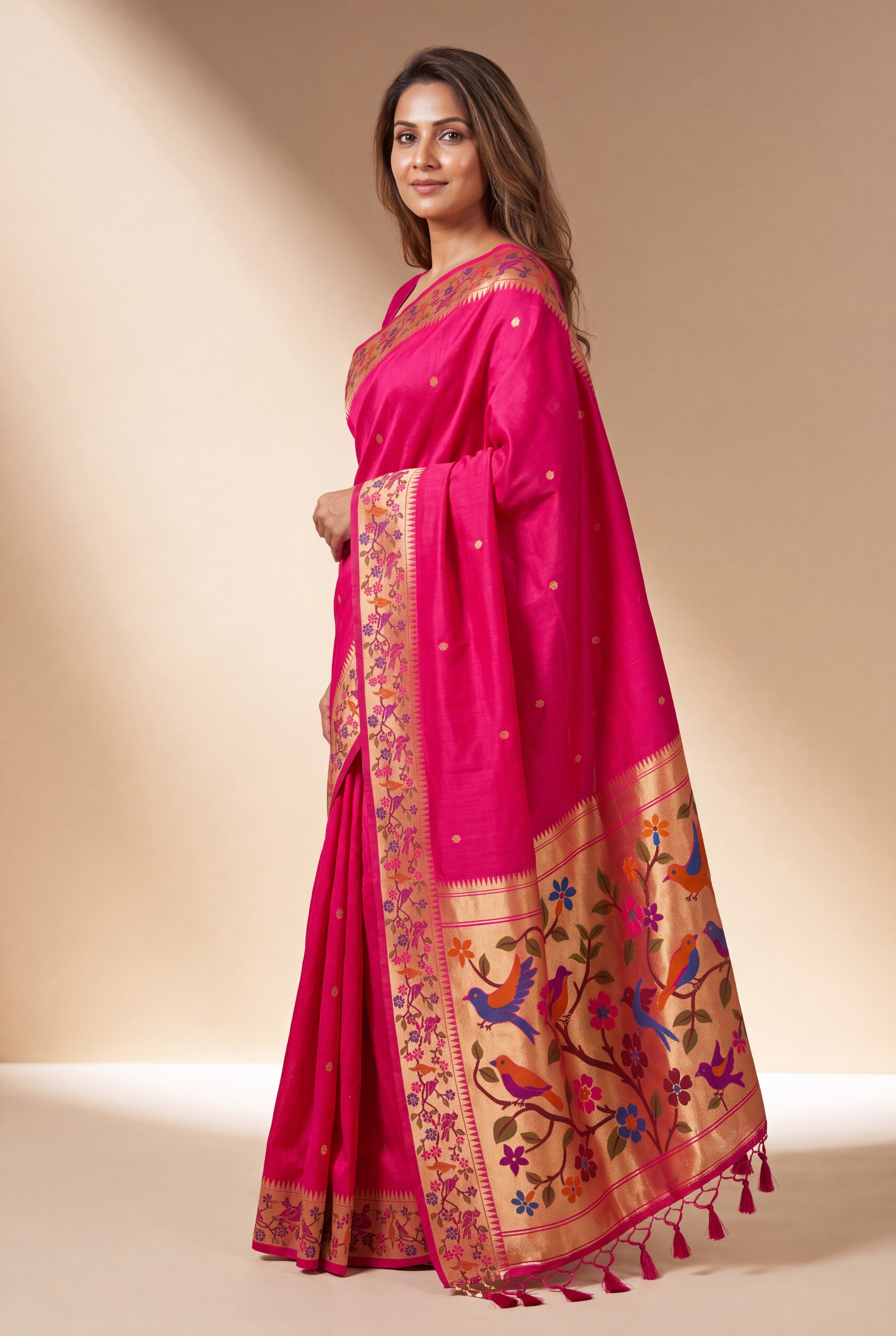 Rani Pink Tussar Silk Paithani Saree with Vihaṅga Pallu and border