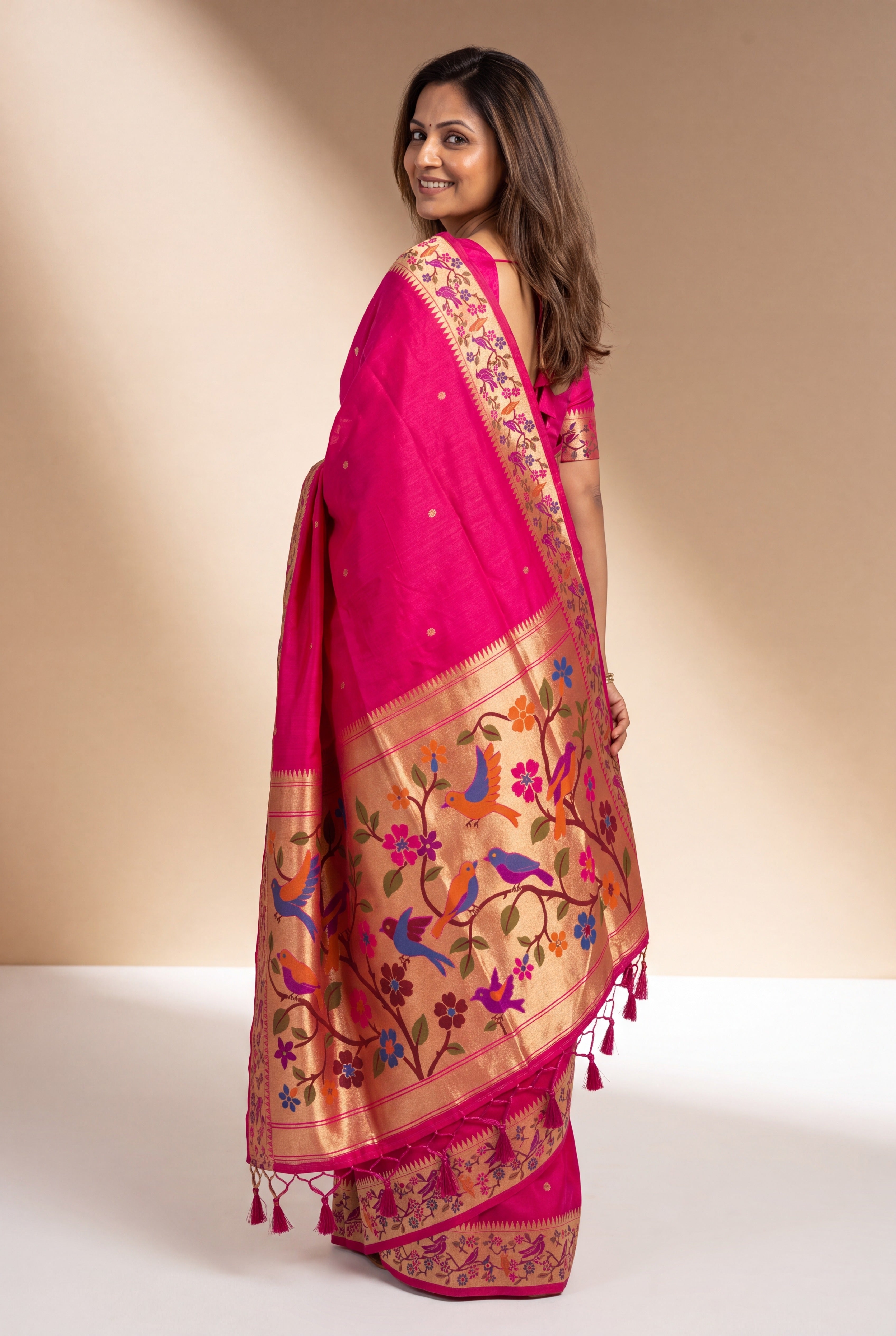 Rani Pink Tussar Silk Paithani Saree with Vihaṅga Pallu and border