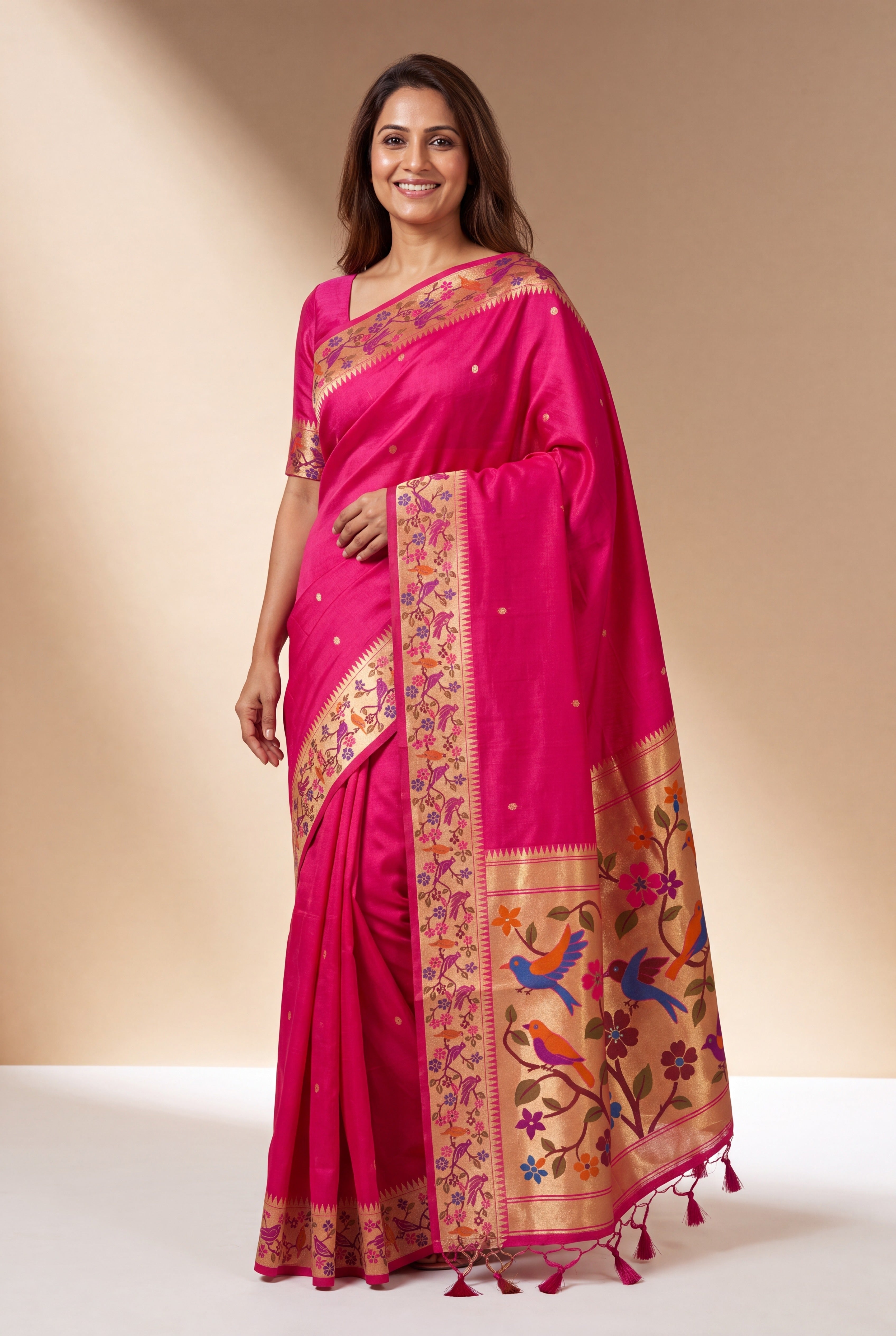 Rani Pink Tussar Silk Paithani Saree with Vihaṅga Pallu and border