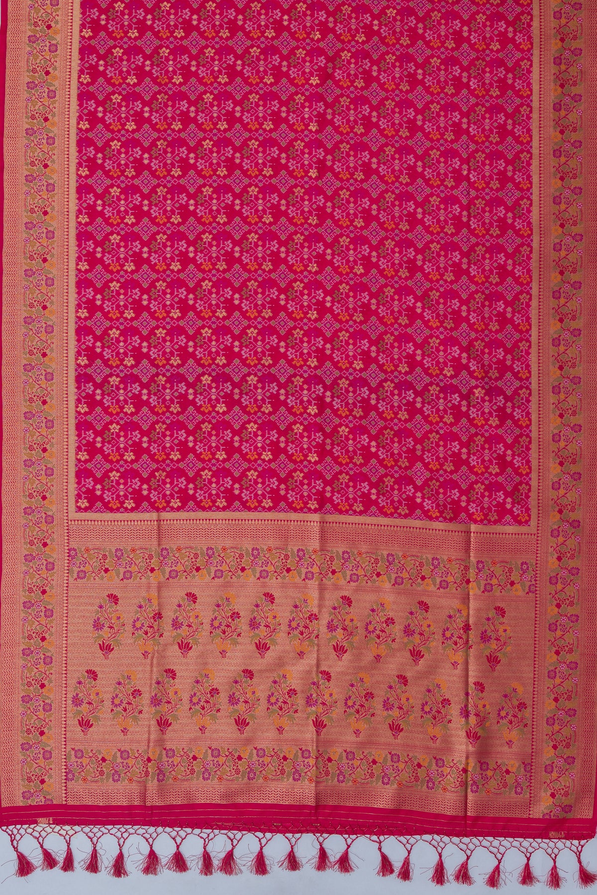 Rani Pink Tussar Silk Patola Saree with Resham Threadwork Pallu