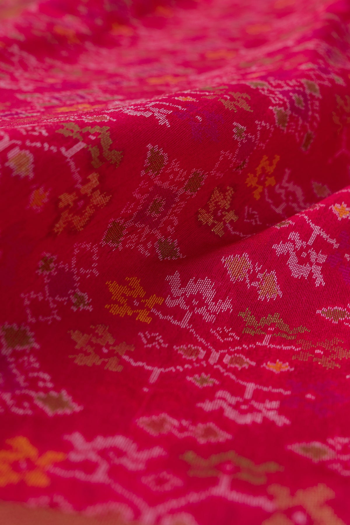 Rani Pink Tussar Silk Patola Saree with Resham Threadwork Pallu