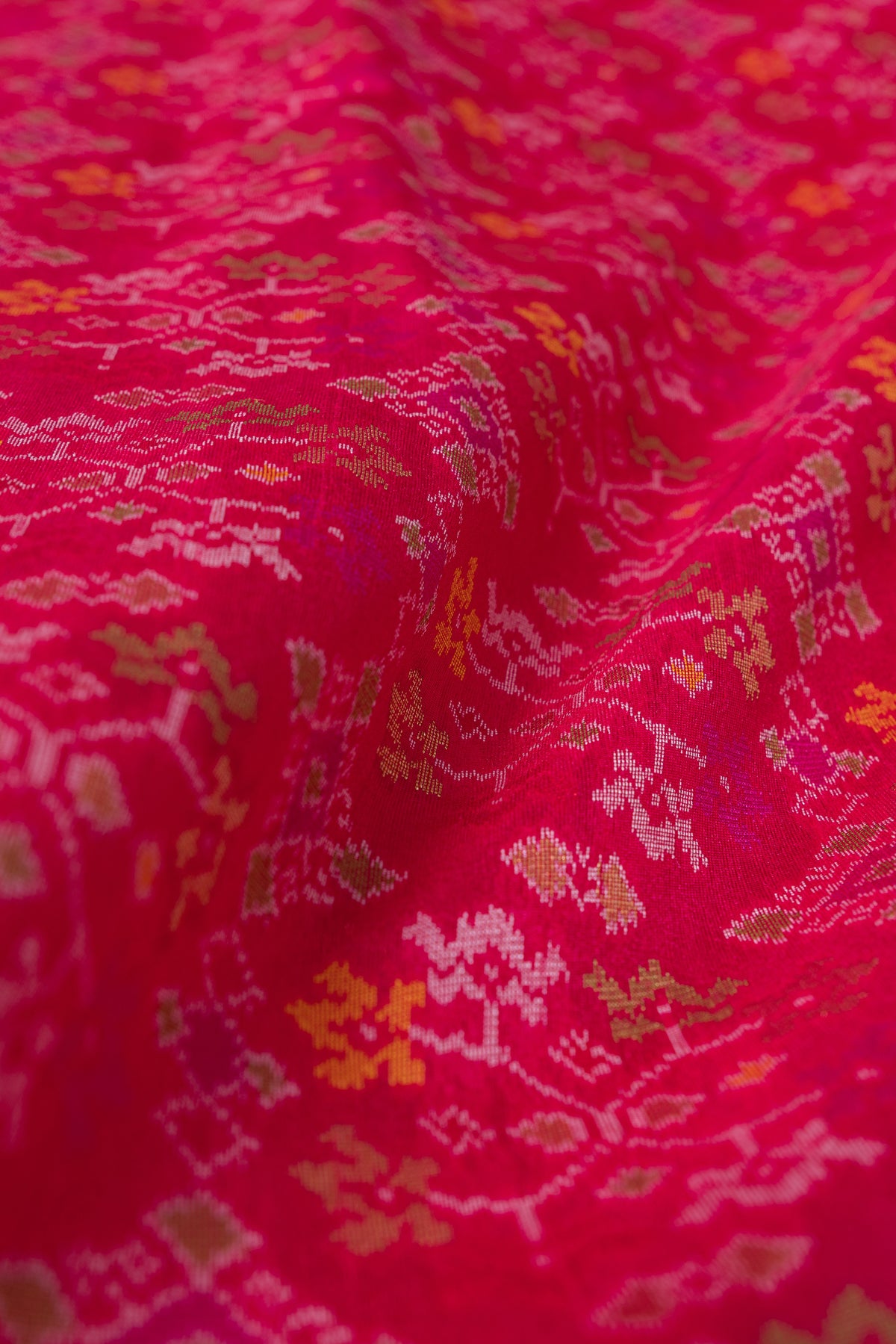 Rani Pink Tussar Silk Patola Saree with Resham Threadwork Pallu