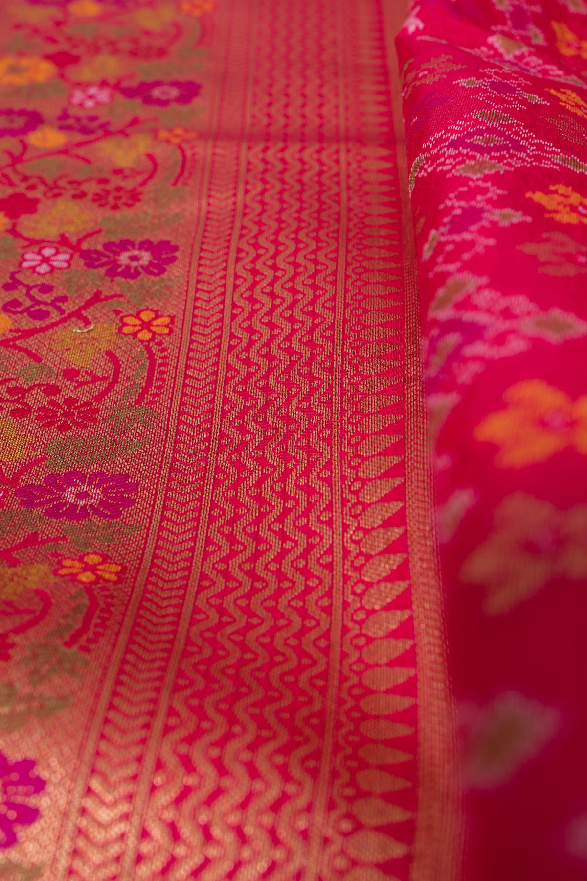 Rani Pink Tussar Silk Patola Saree with Resham Threadwork Pallu