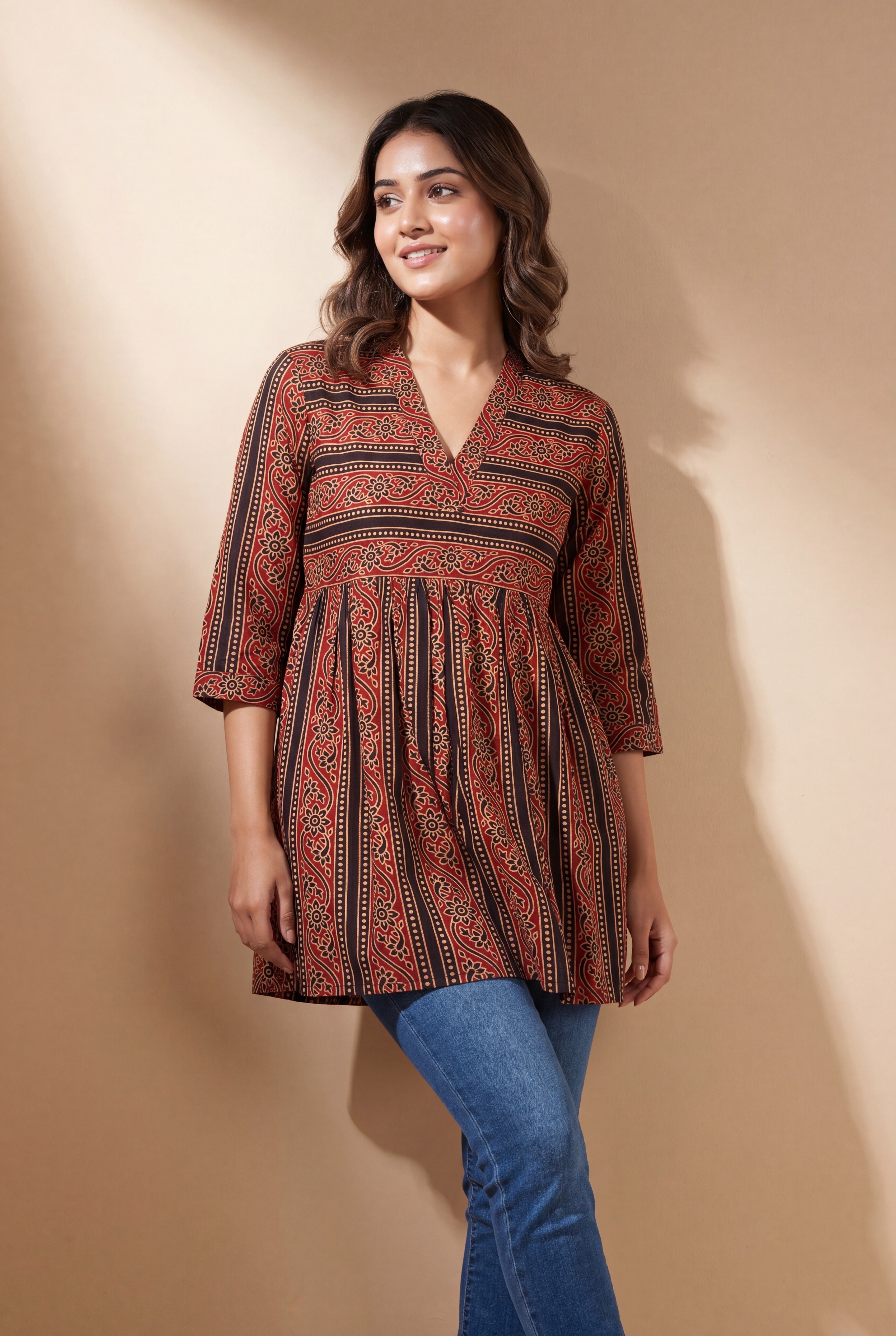 Red Arunika Cotton Kurti with Ajrakh inspired floral stripe print