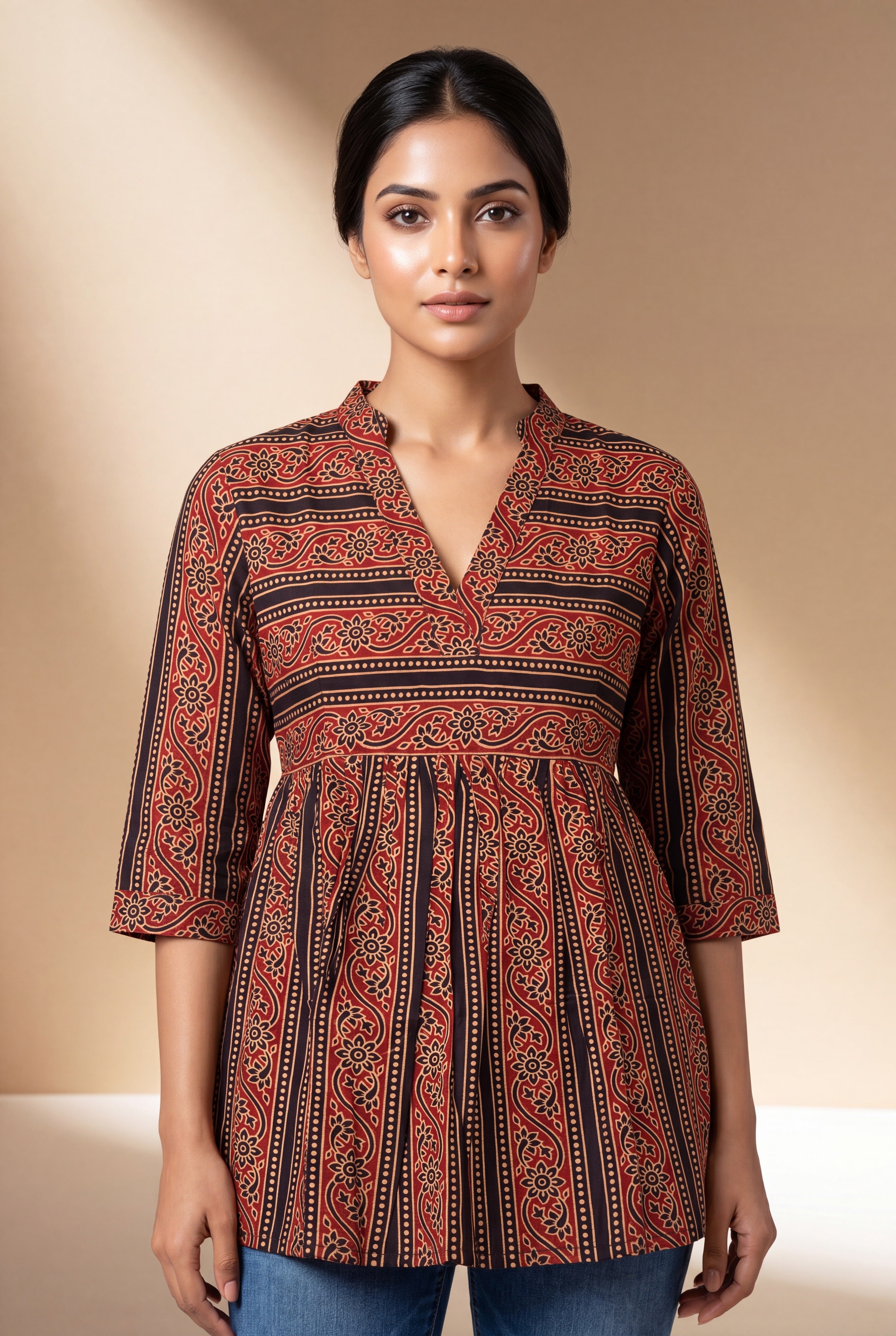 Red Arunika Cotton Kurti with Ajrakh inspired floral stripe print