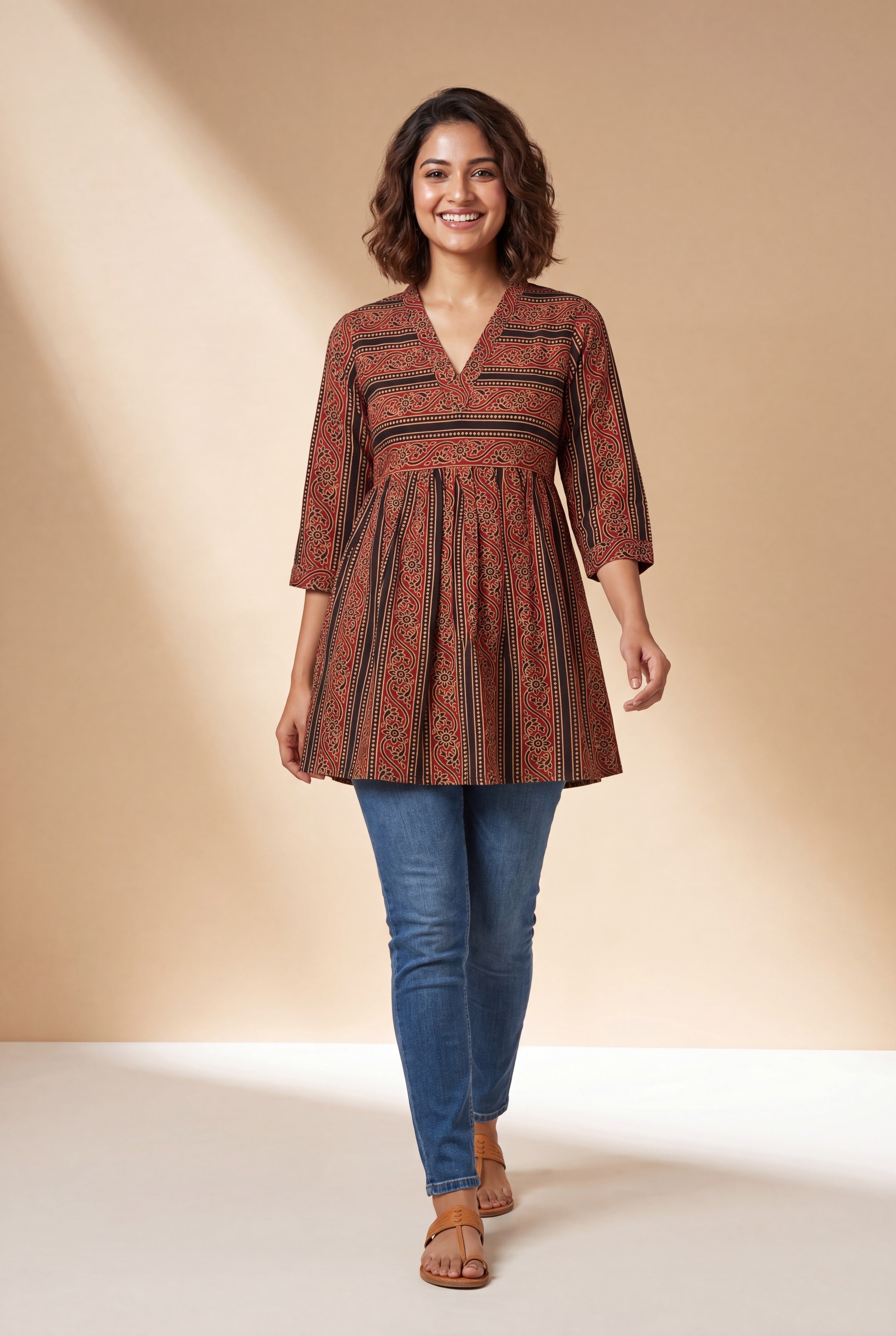 Red Arunika Cotton Kurti with Ajrakh inspired floral stripe print
