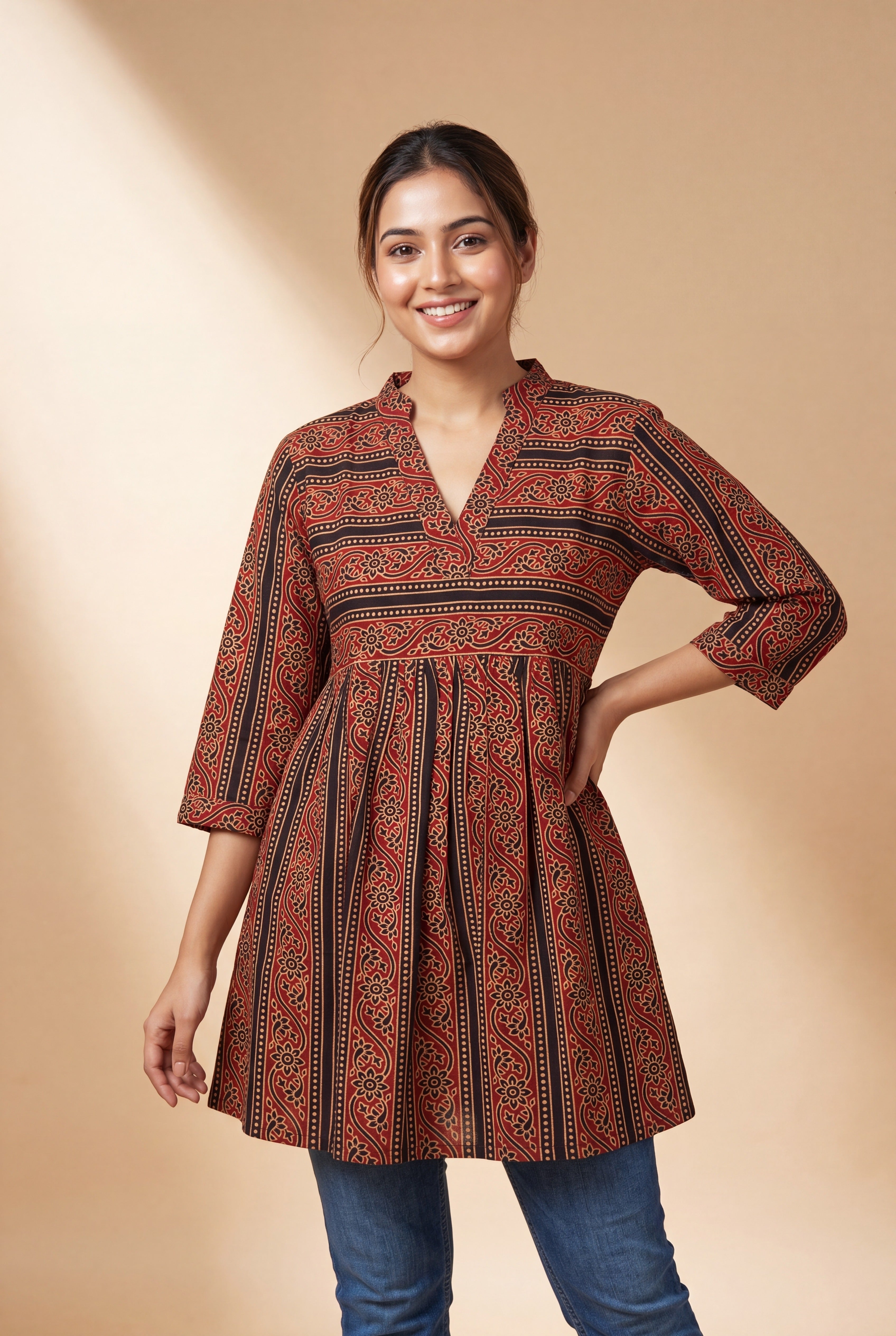 Red Arunika Cotton Kurti with Ajrakh inspired floral stripe print
