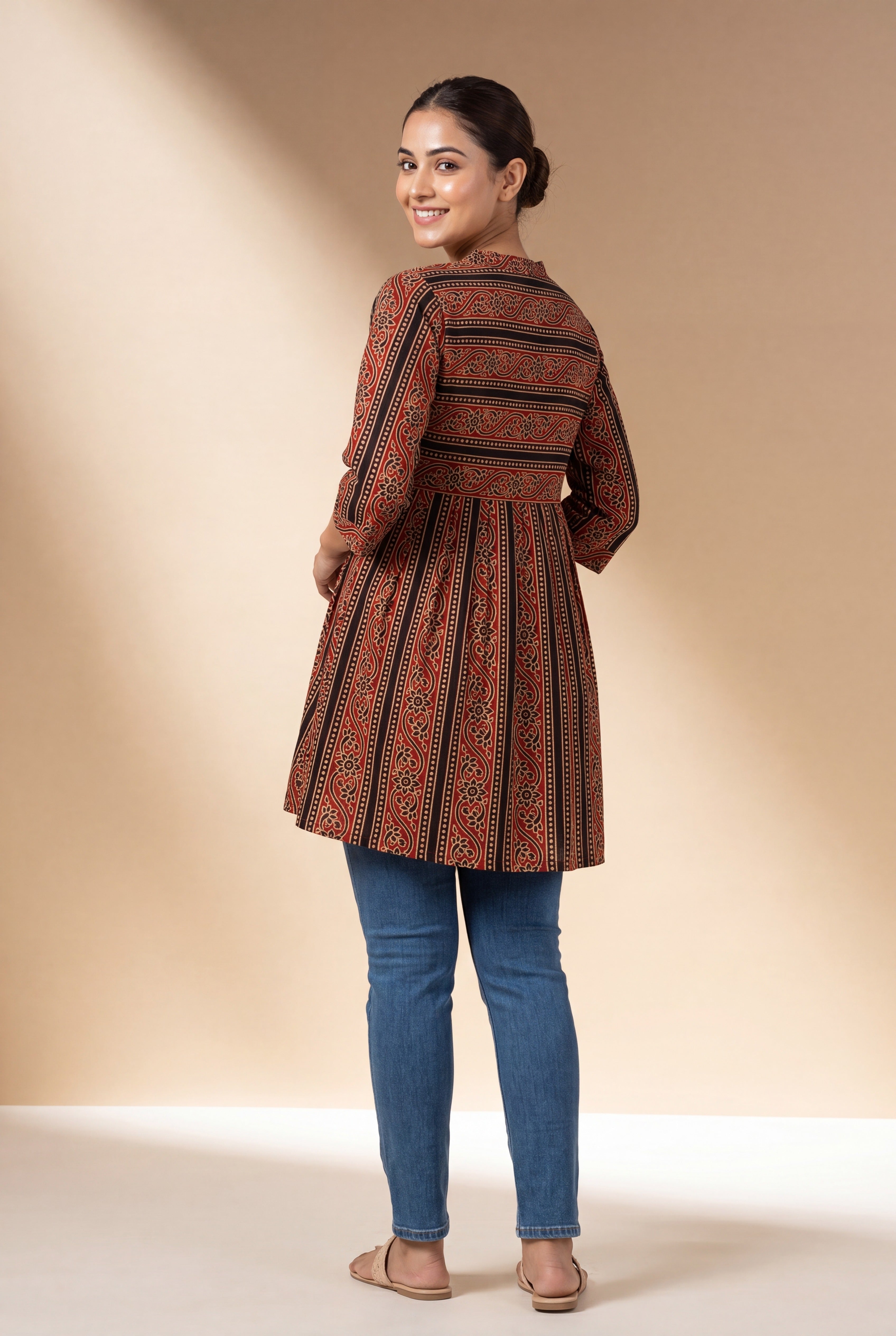 Red Arunika Cotton Kurti with Ajrakh inspired floral stripe print