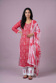 Red Kusum Cotton Suit Set with Chikankari work