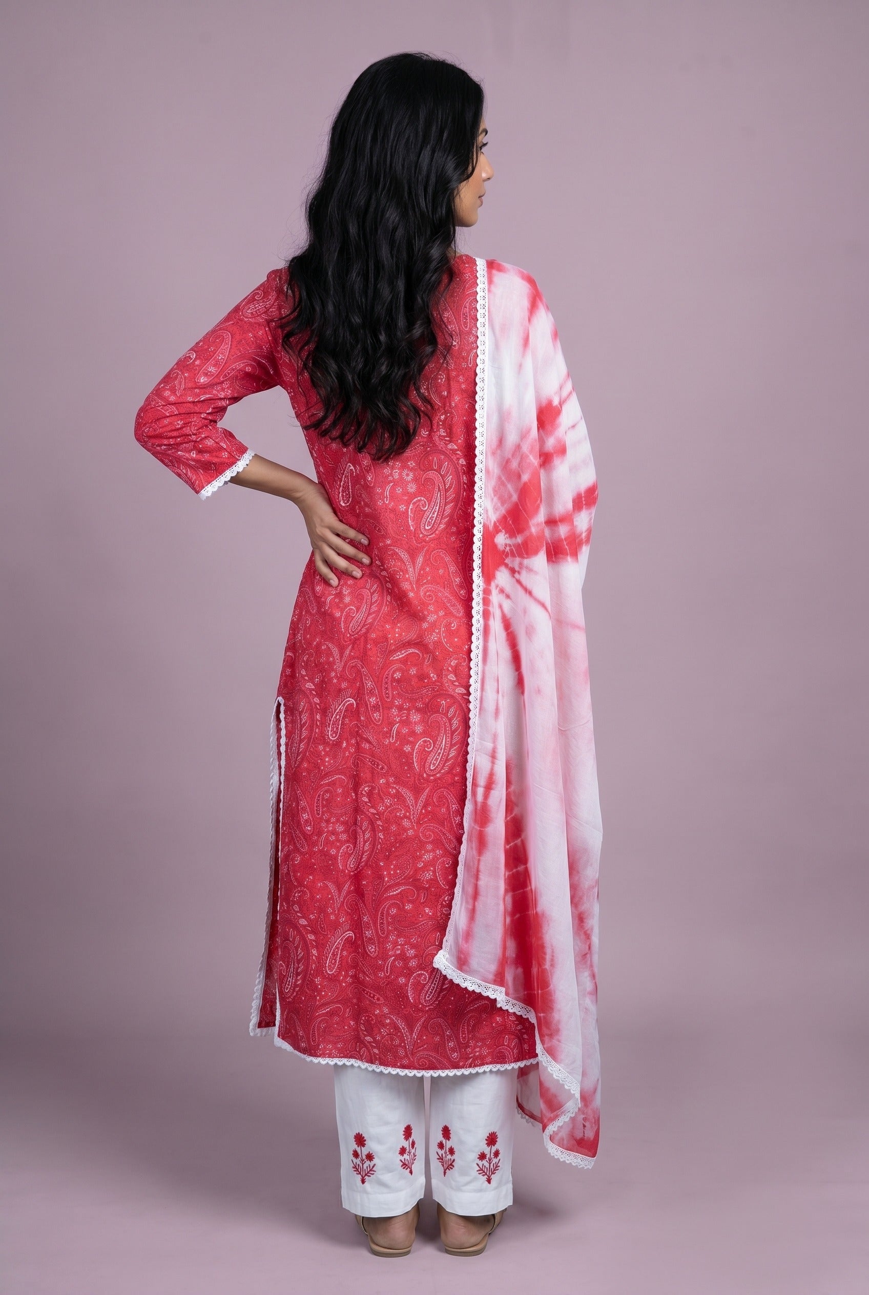 Red Kusum Cotton Suit Set with Chikankari work