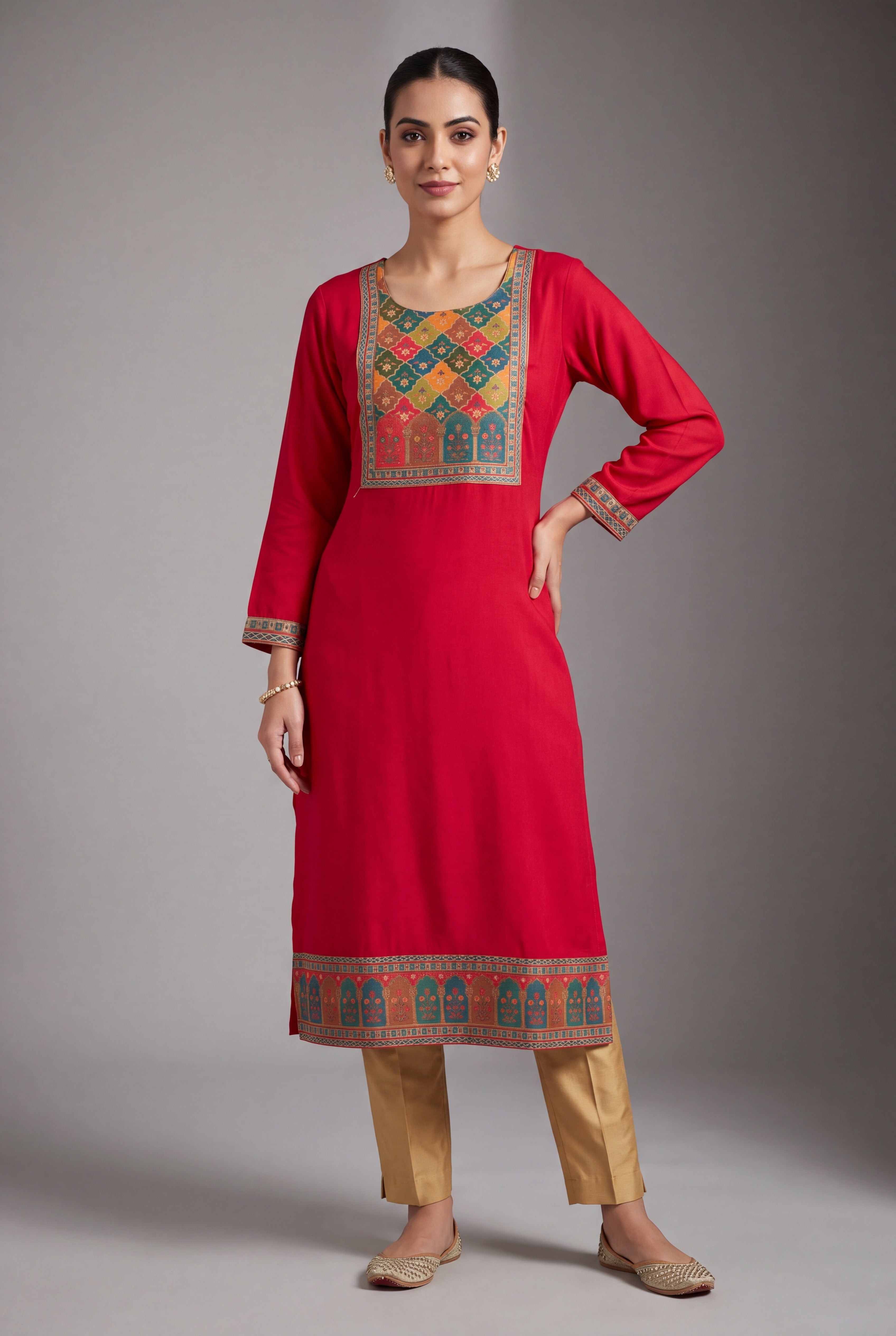 Red Rani Cārumatī Kurti with Floral Tissue Print