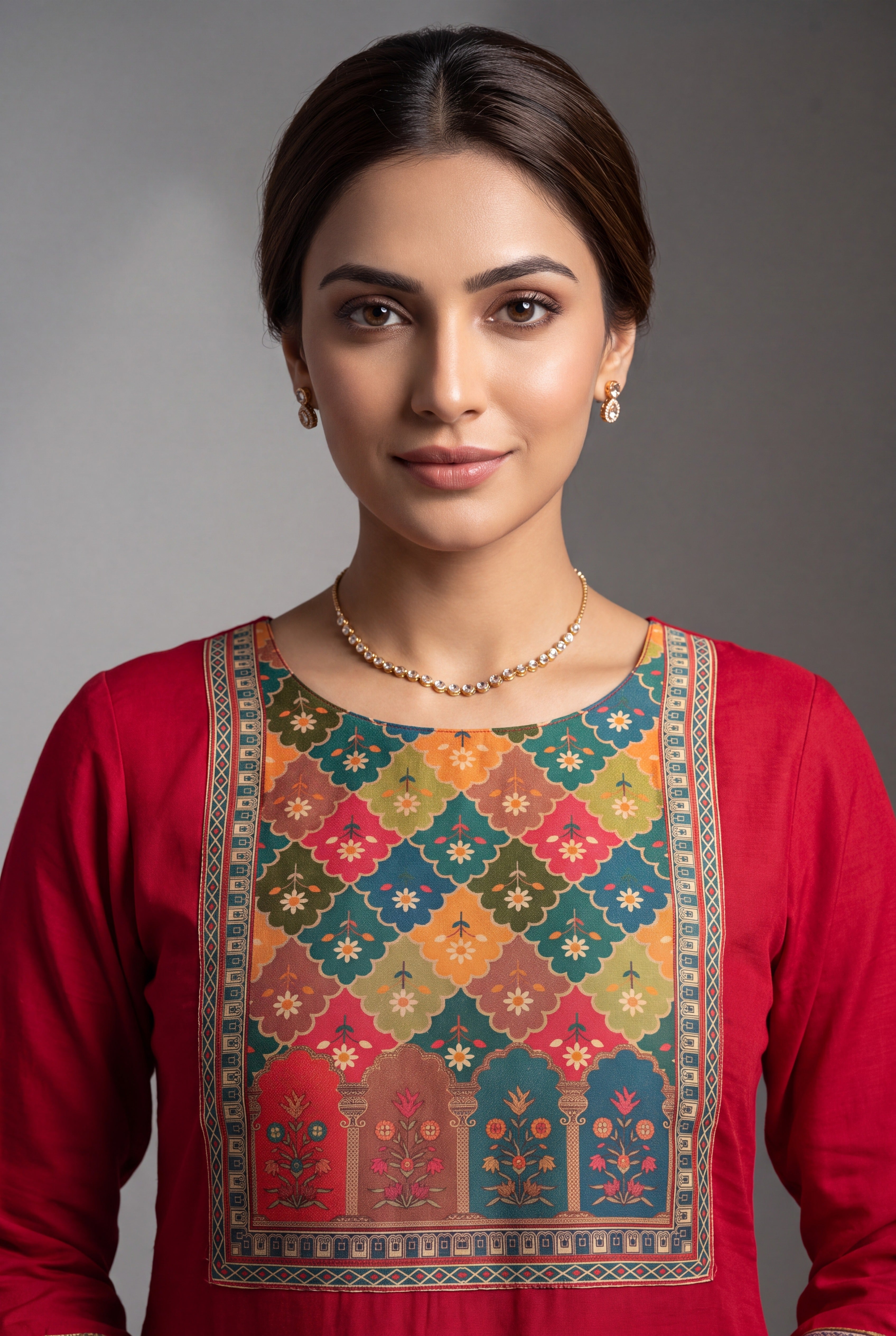 Red Rani Cārumatī Kurti with Floral Tissue Print