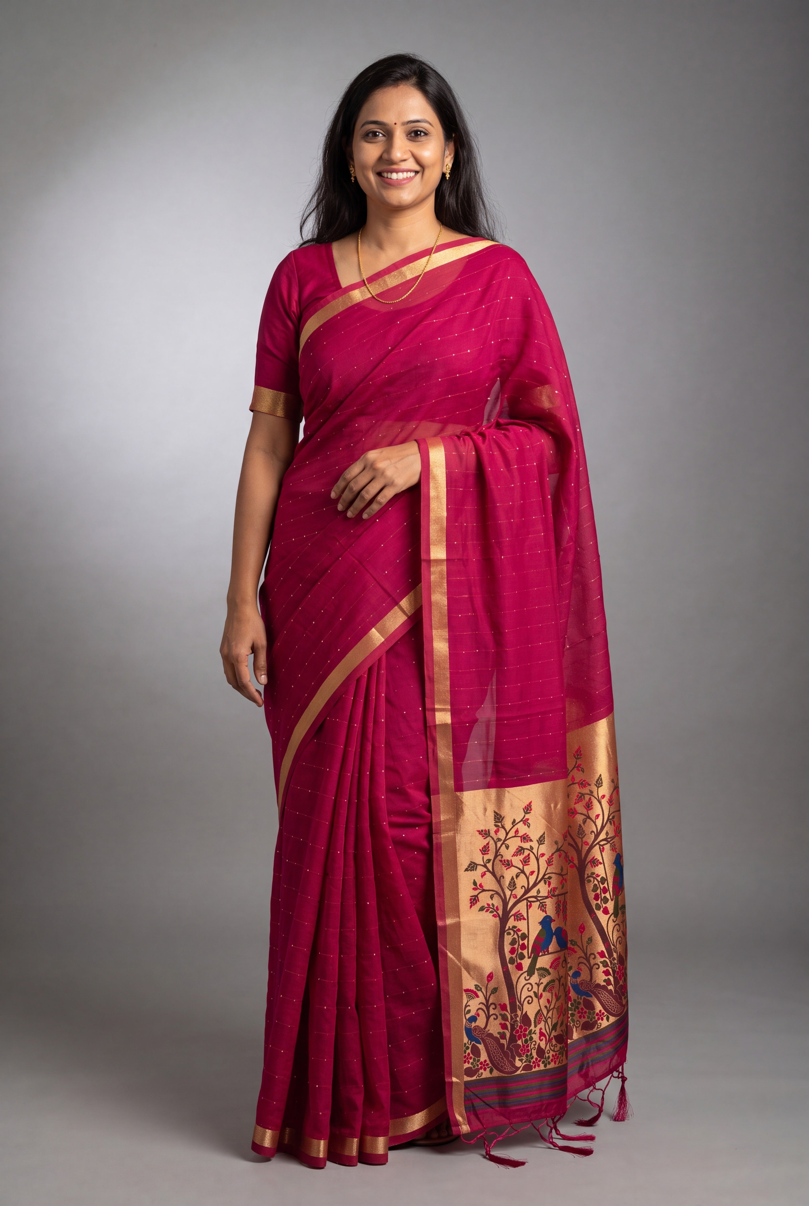 Red Rani Jamdhani Cotton Paithani with Tarumayura Pallu and Lakdipatta border
