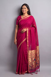 Red Rani Jamdhani Cotton Paithani with Tarumayura Pallu and Lakdipatta border