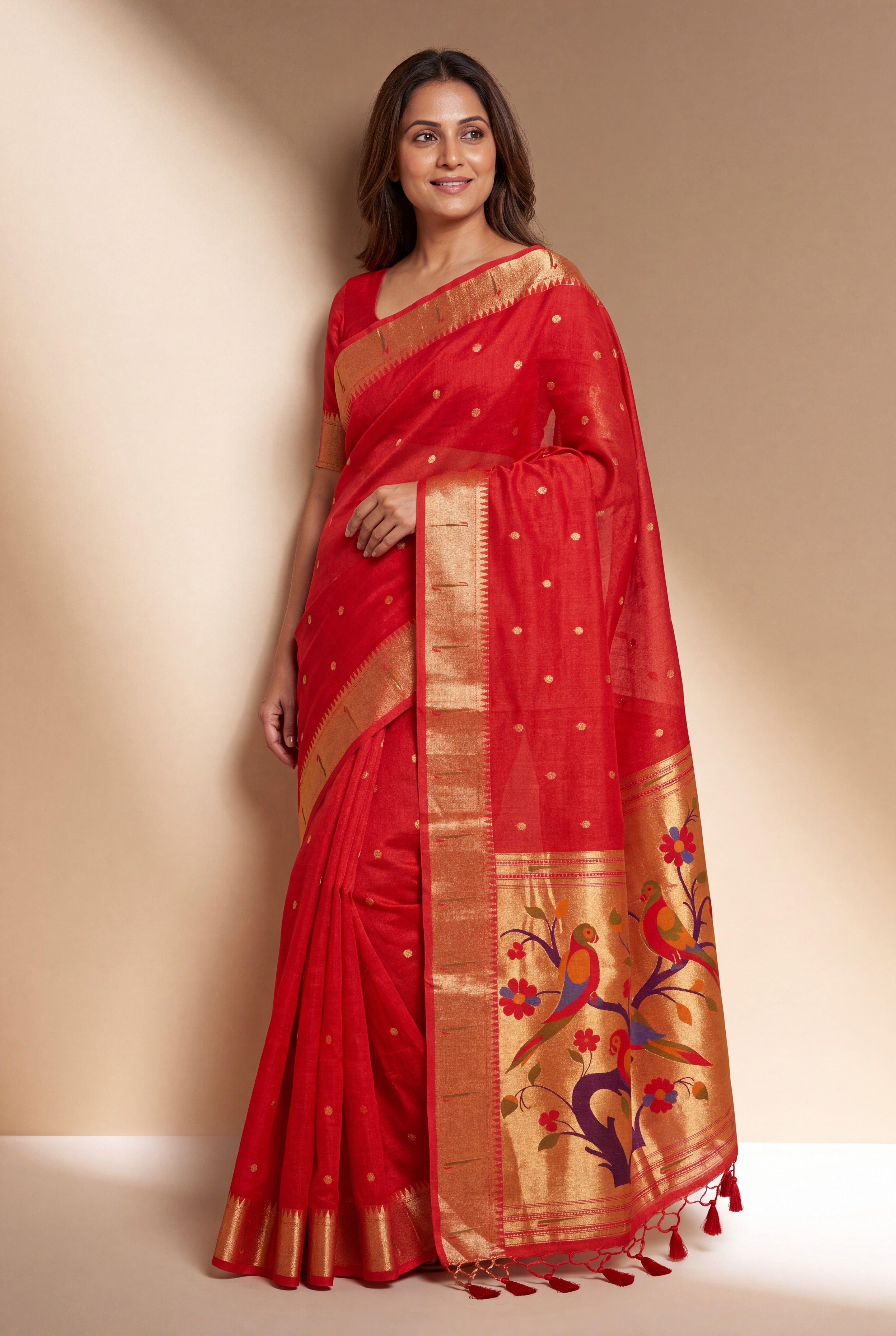 Red Tussar Silk Paithani Saree with Śukavṛkṣa Pallu
