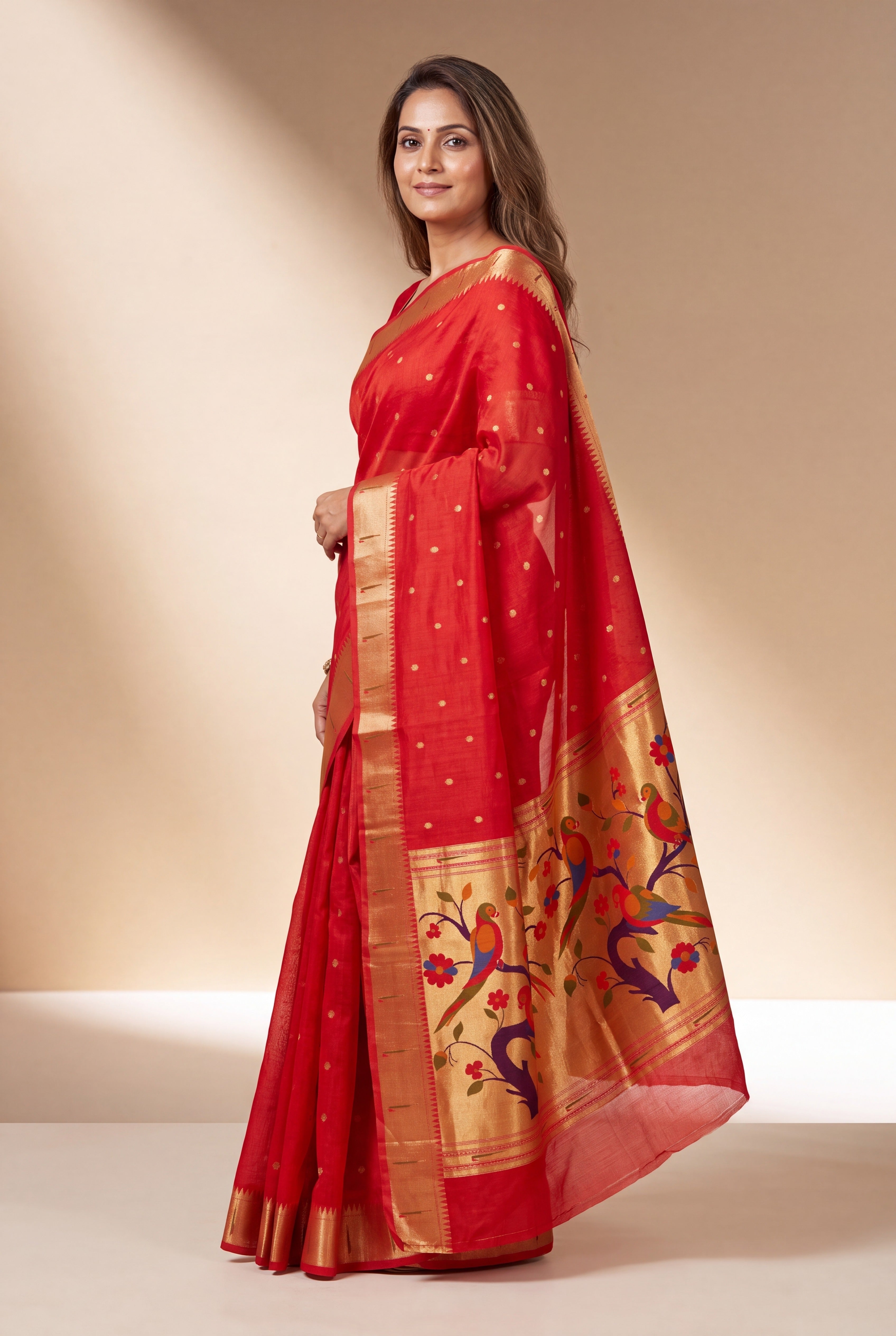 Red Tussar Silk Paithani Saree with Śukavṛkṣa Pallu