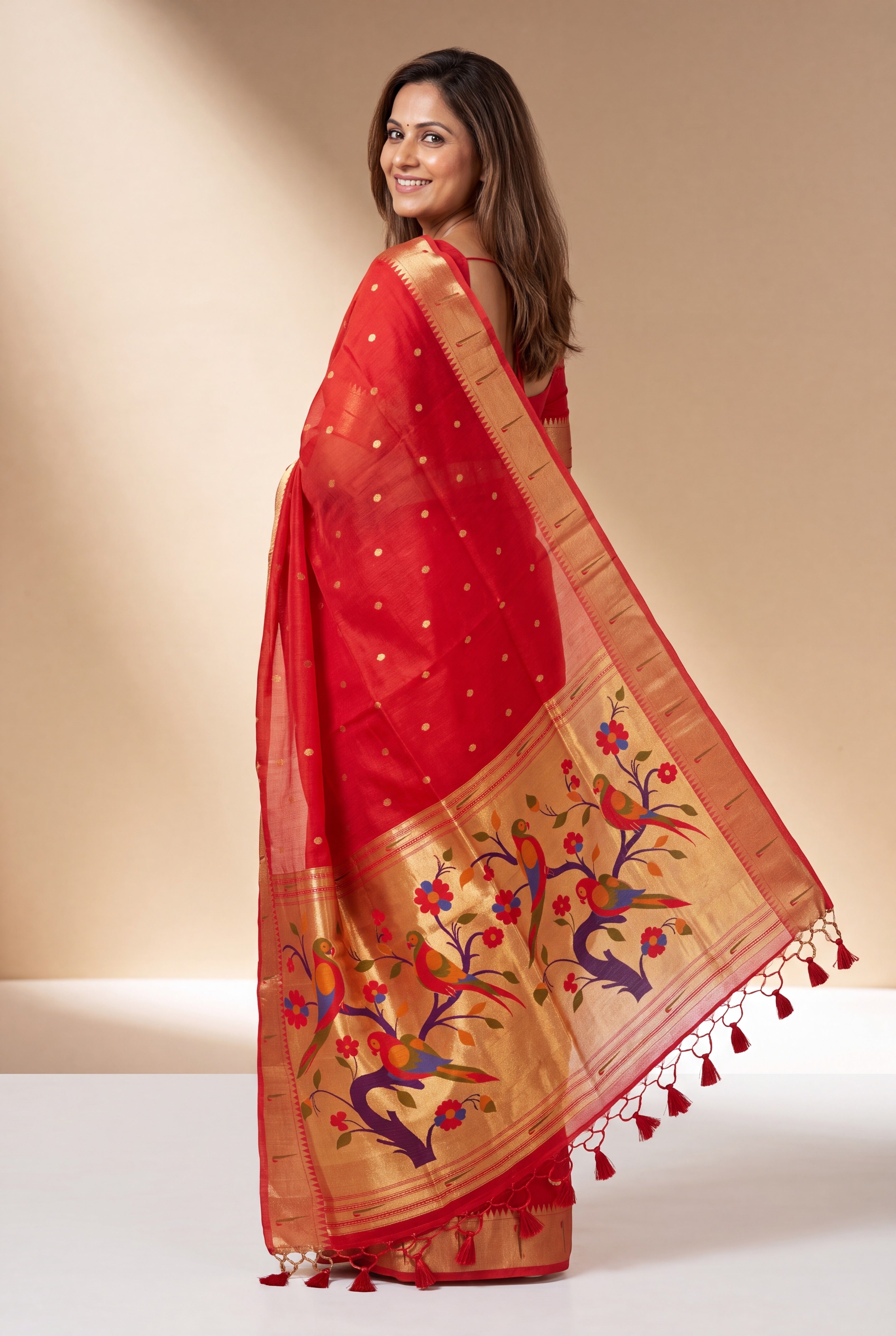 Red Tussar Silk Paithani Saree with Śukavṛkṣa Pallu