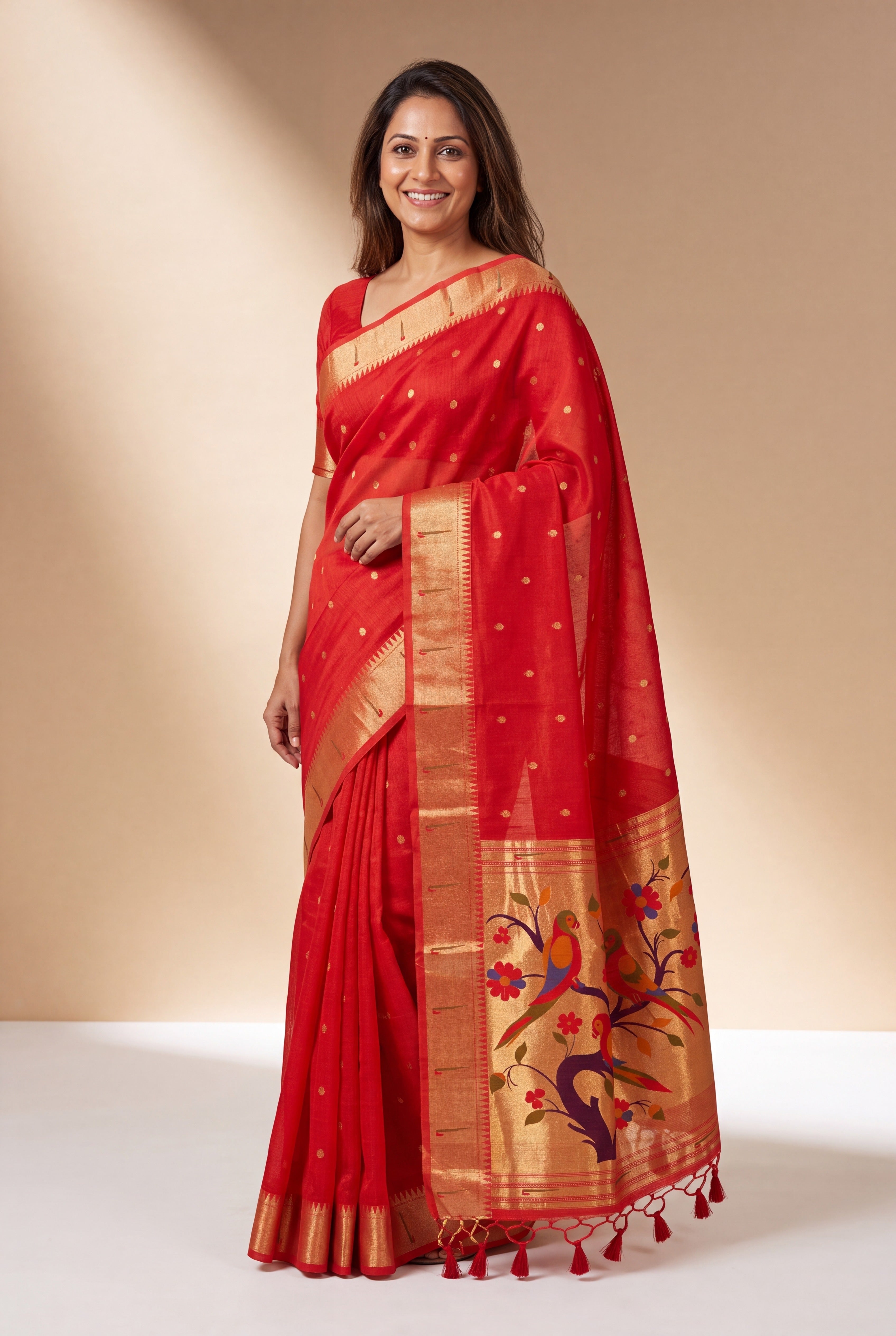 Red Tussar Silk Paithani Saree with Śukavṛkṣa Pallu