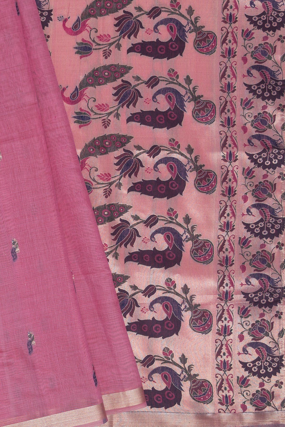 Rose Pink Jamdhani Cotton Paithani Saree with Meena Mor butti and Meenakari Mor Pallu