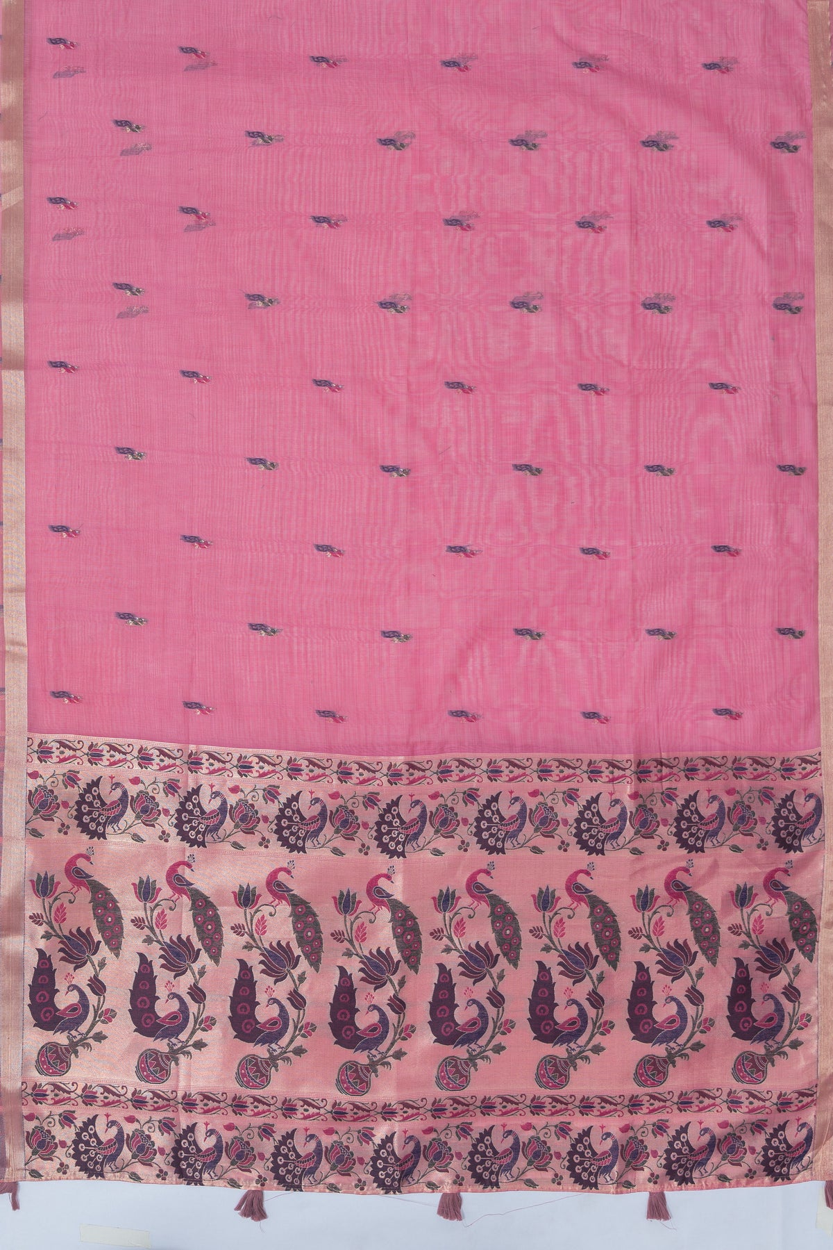 Rose Pink Jamdhani Cotton Paithani Saree with Meena Mor butti and Meenakari Mor Pallu