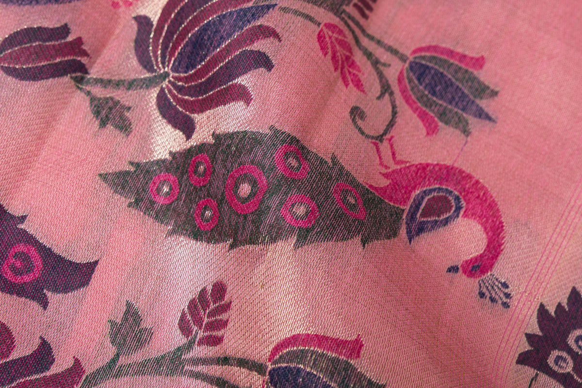 Rose Pink Jamdhani Cotton Paithani Saree with Meena Mor butti and Meenakari Mor Pallu