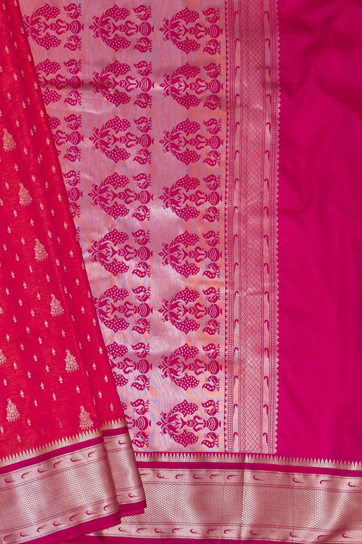 Rose Peach Soft Silk Paithani Saree with Gold Zari Double Butti and contrast Rani Pink border and Pallu
