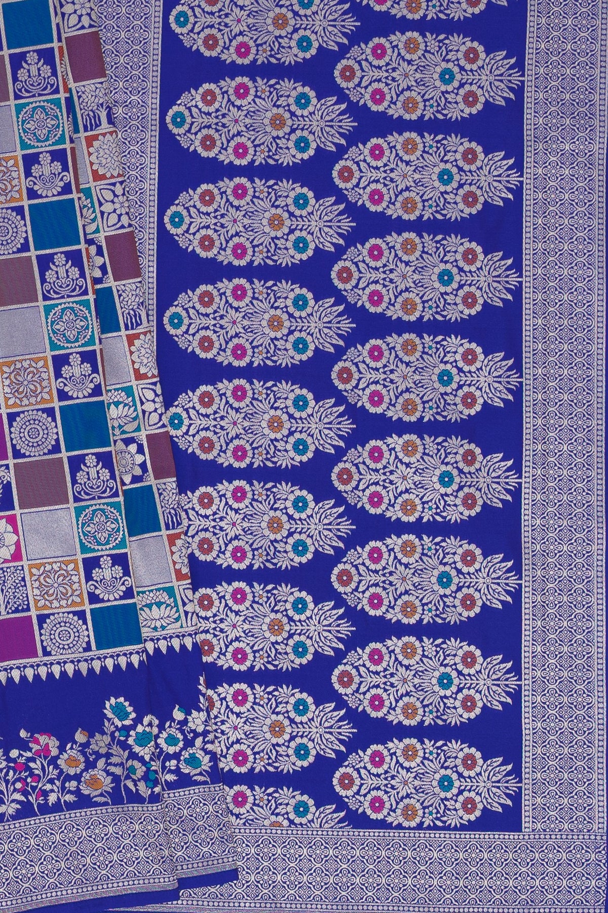 Royal Blue Katan Silk Banarasi Saree  with Multi Checks and Rang Kaad Pallu