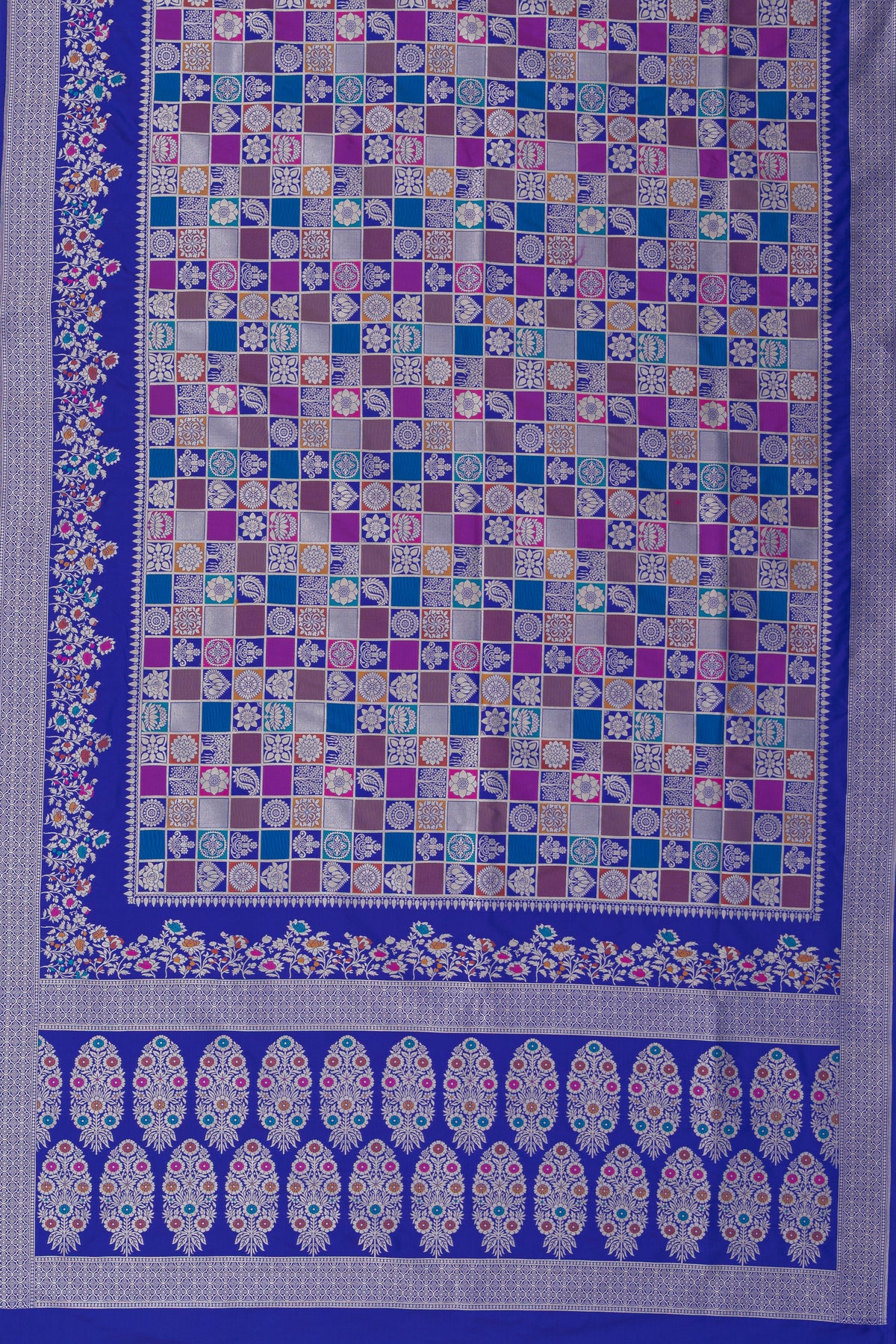 Royal Blue Katan Silk Banarasi Saree  with Multi Checks and Rang Kaad Pallu