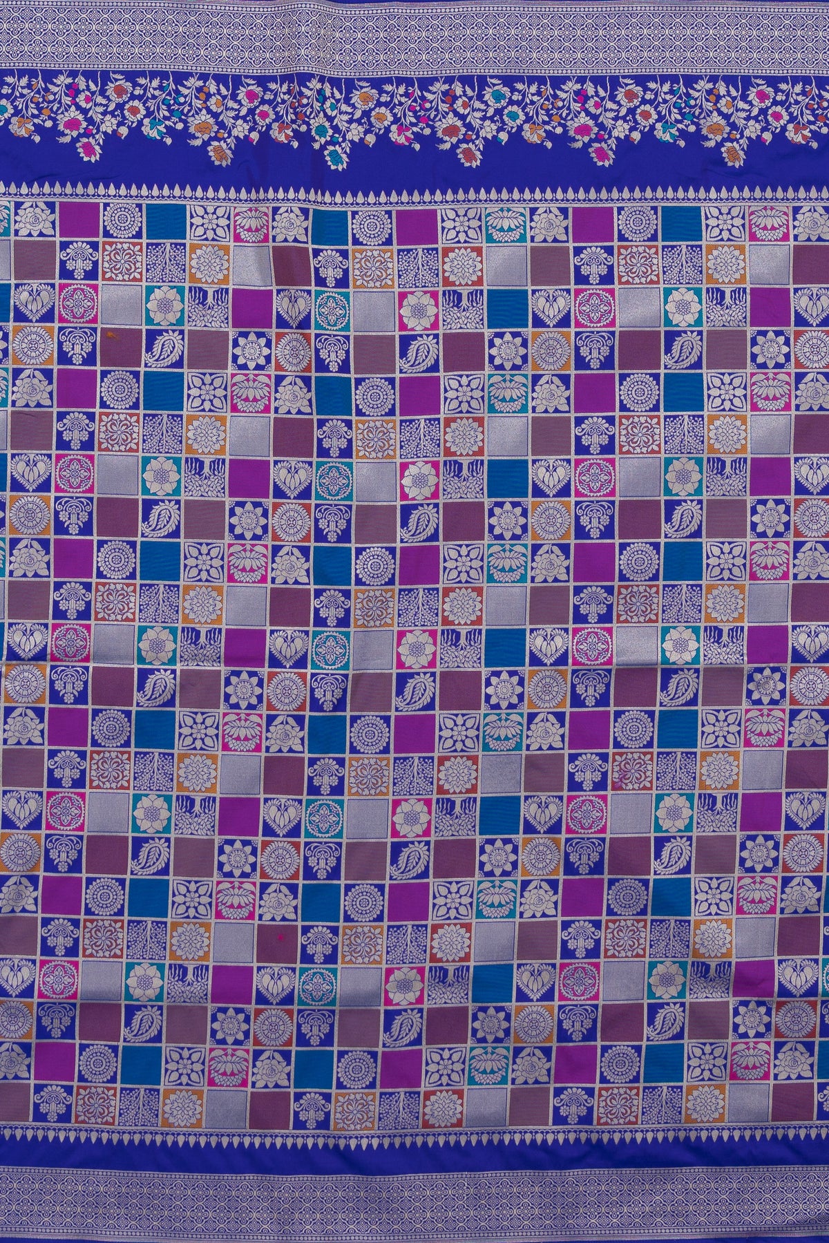 Royal Blue Katan Silk Banarasi Saree  with Multi Checks and Rang Kaad Pallu