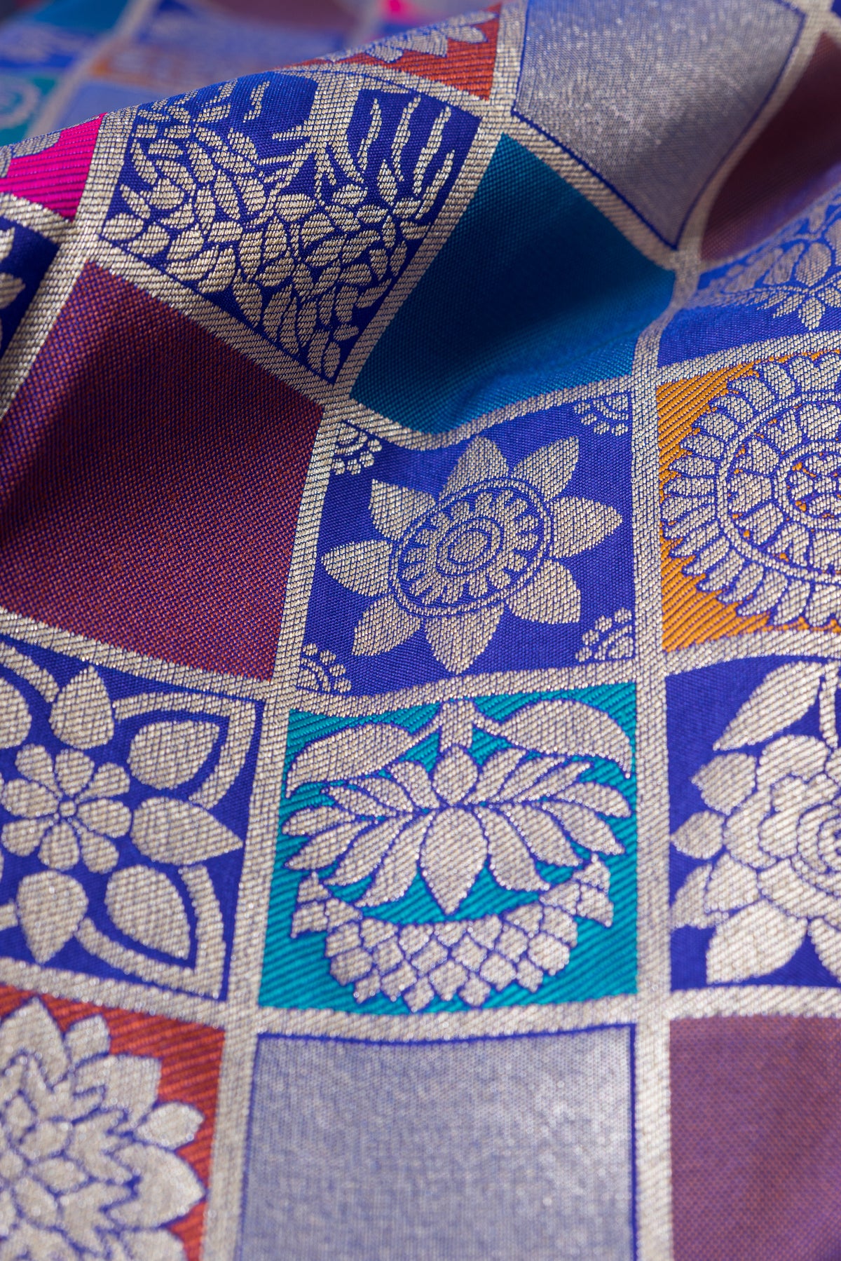Royal Blue Katan Silk Banarasi Saree  with Multi Checks and Rang Kaad Pallu