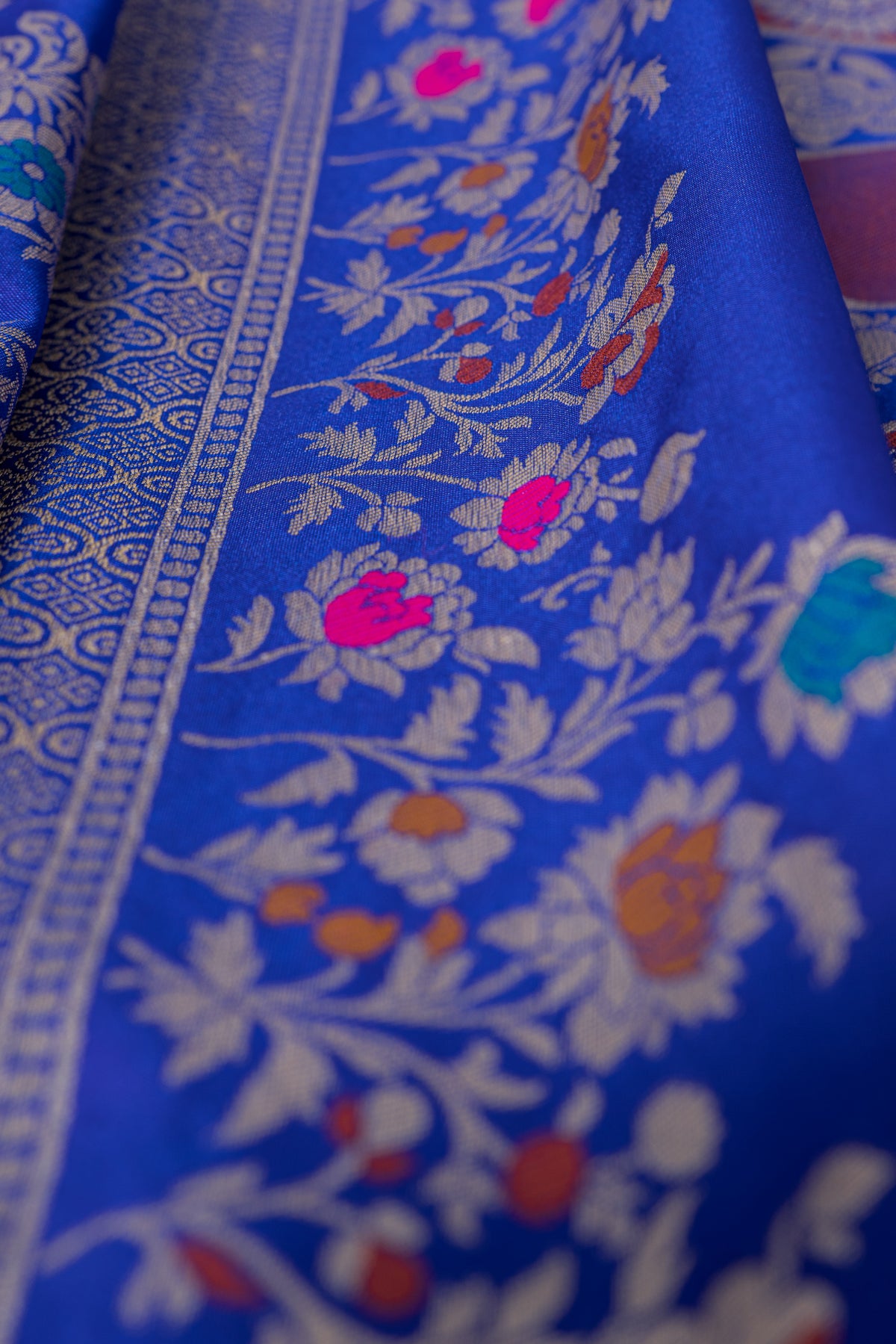 Royal Blue Katan Silk Banarasi Saree  with Multi Checks and Rang Kaad Pallu