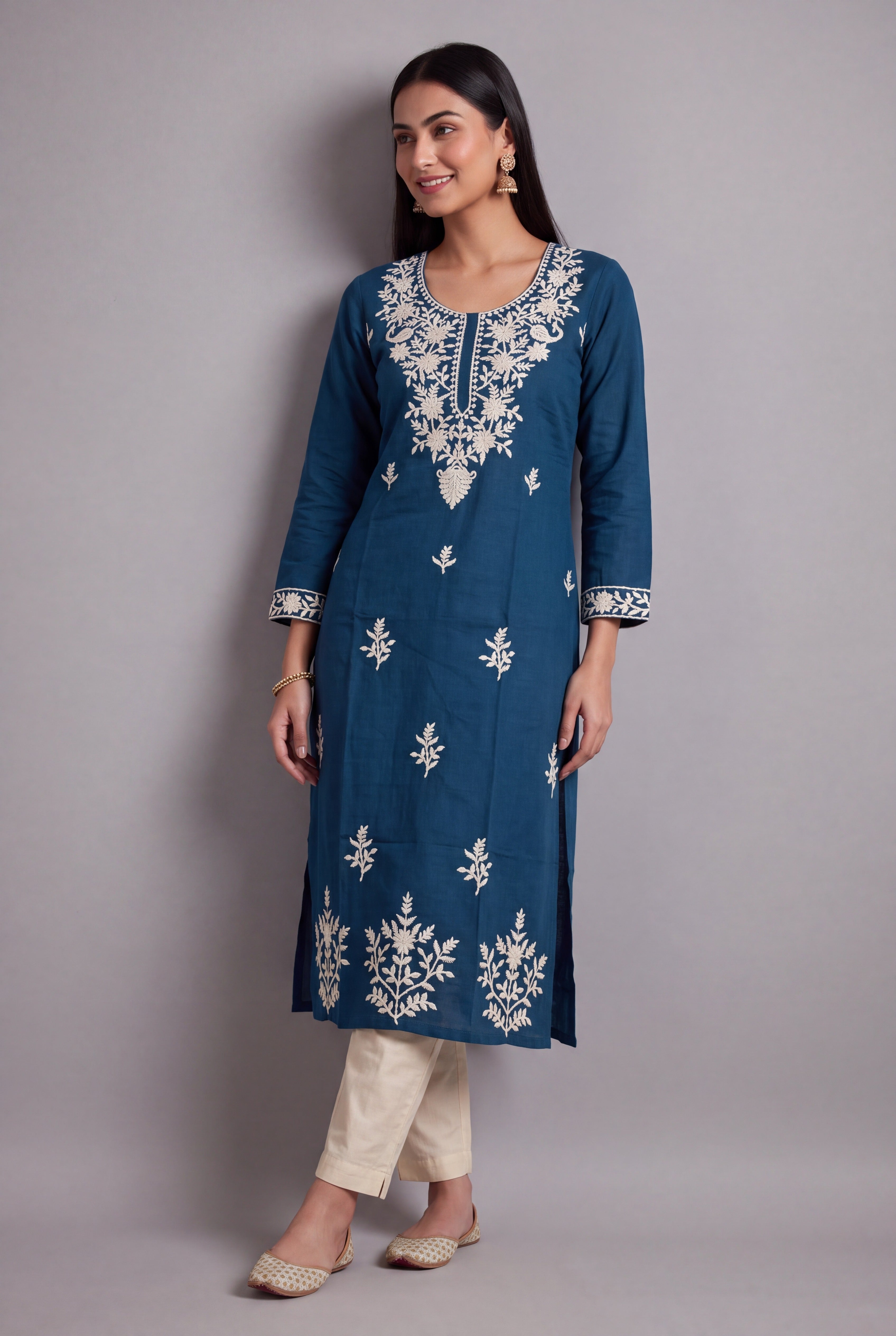 Royal Blue Parnika Kurti with Ivory Chikankari threadwork