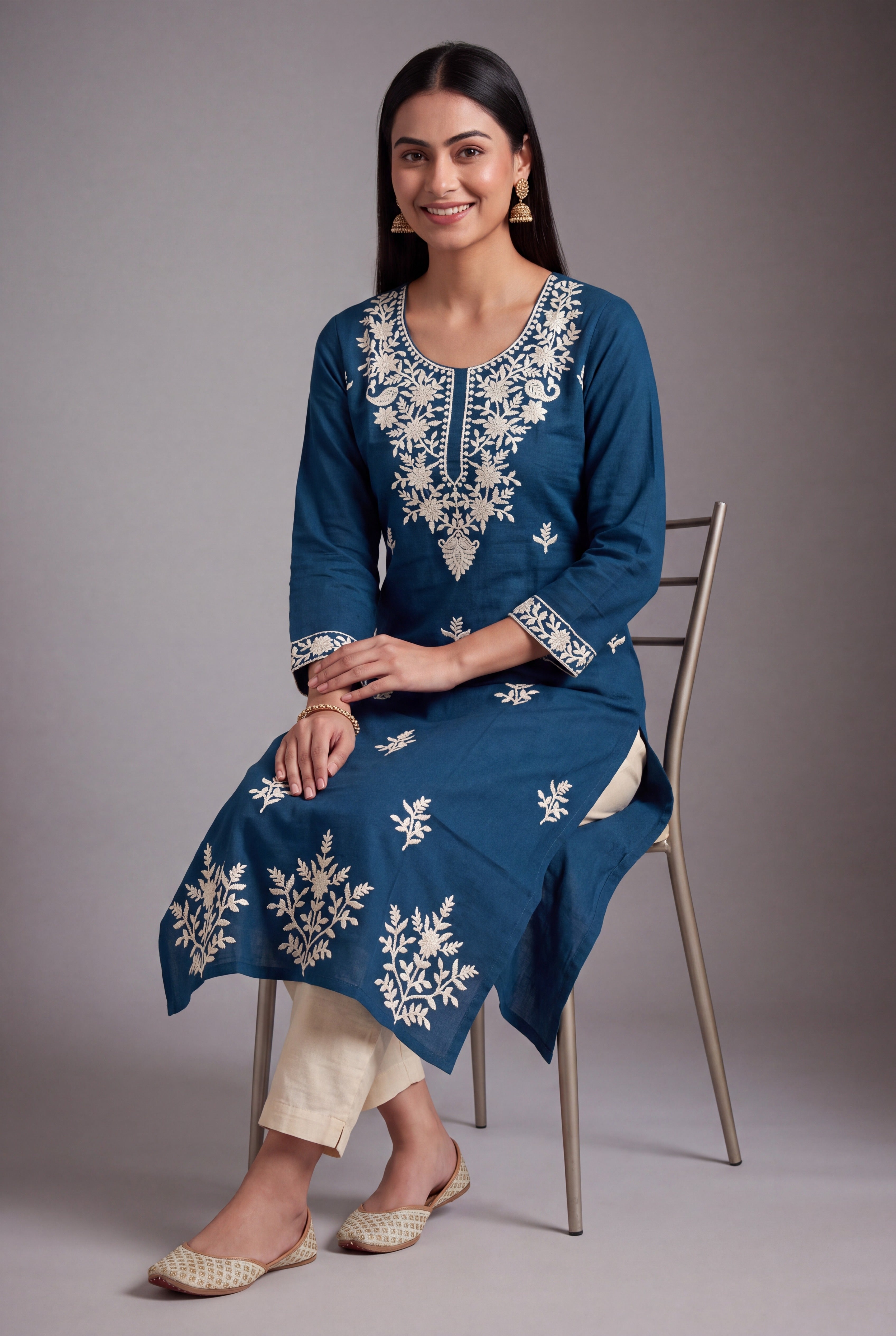 Royal Blue Parnika Kurti with Ivory Chikankari threadwork