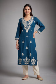 Royal Blue Parnika Kurti with Ivory Chikankari threadwork