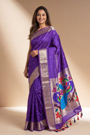 Royal Purple Tussar Silk Paithani Saree with Triple Munya border