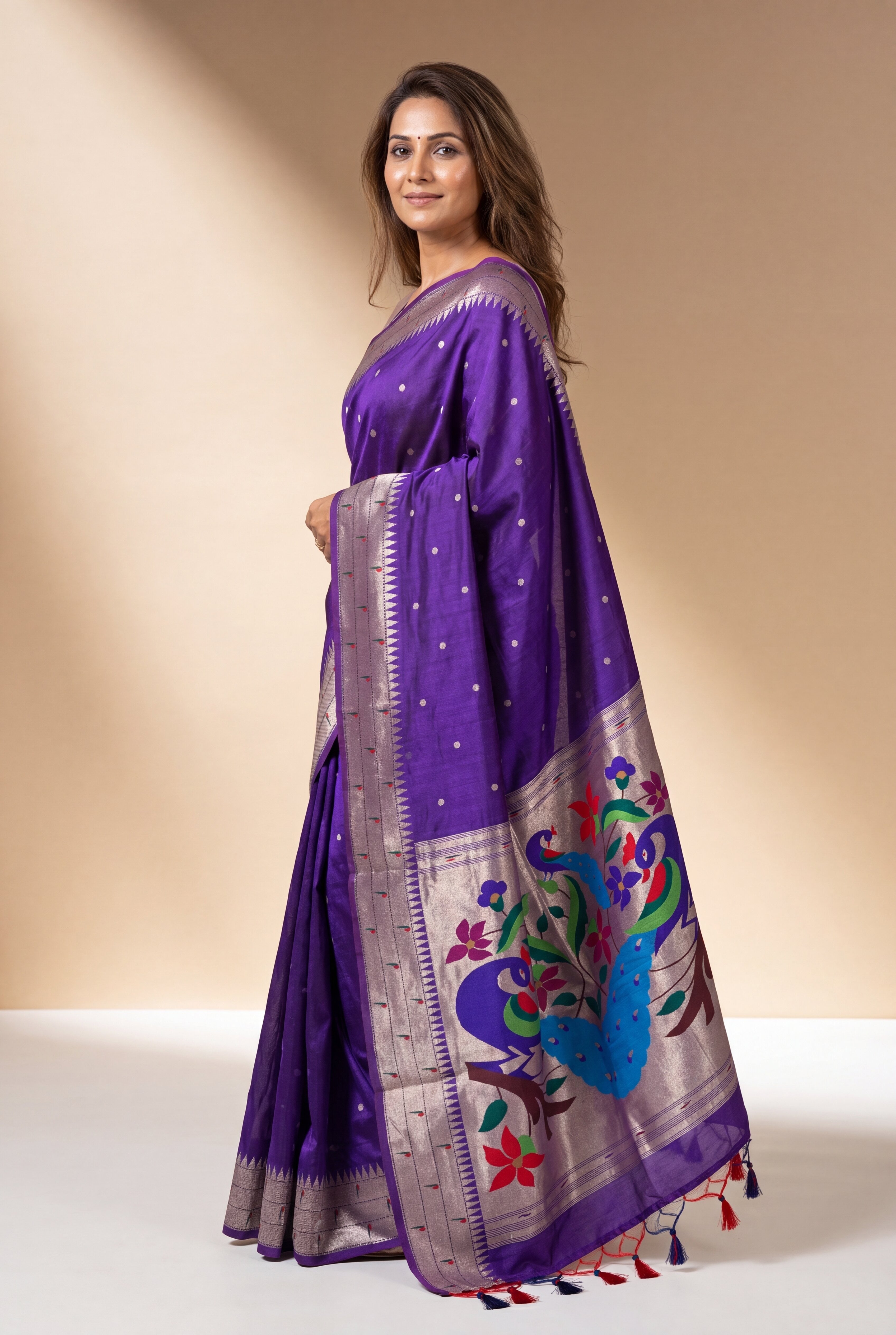 Royal Purple Tussar Silk Paithani Saree with Triple Munya border