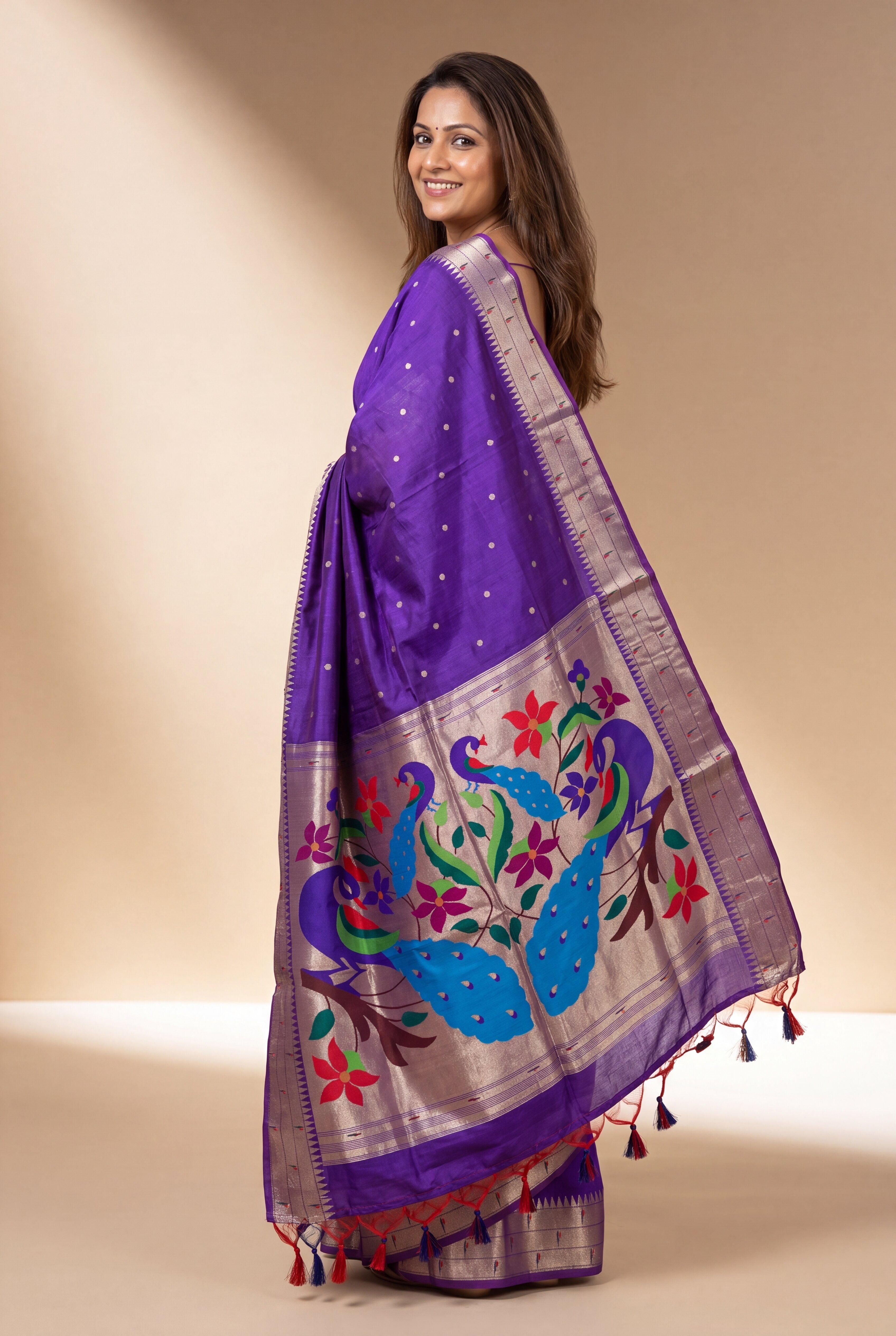 Royal Purple Tussar Silk Paithani Saree with Triple Munya border