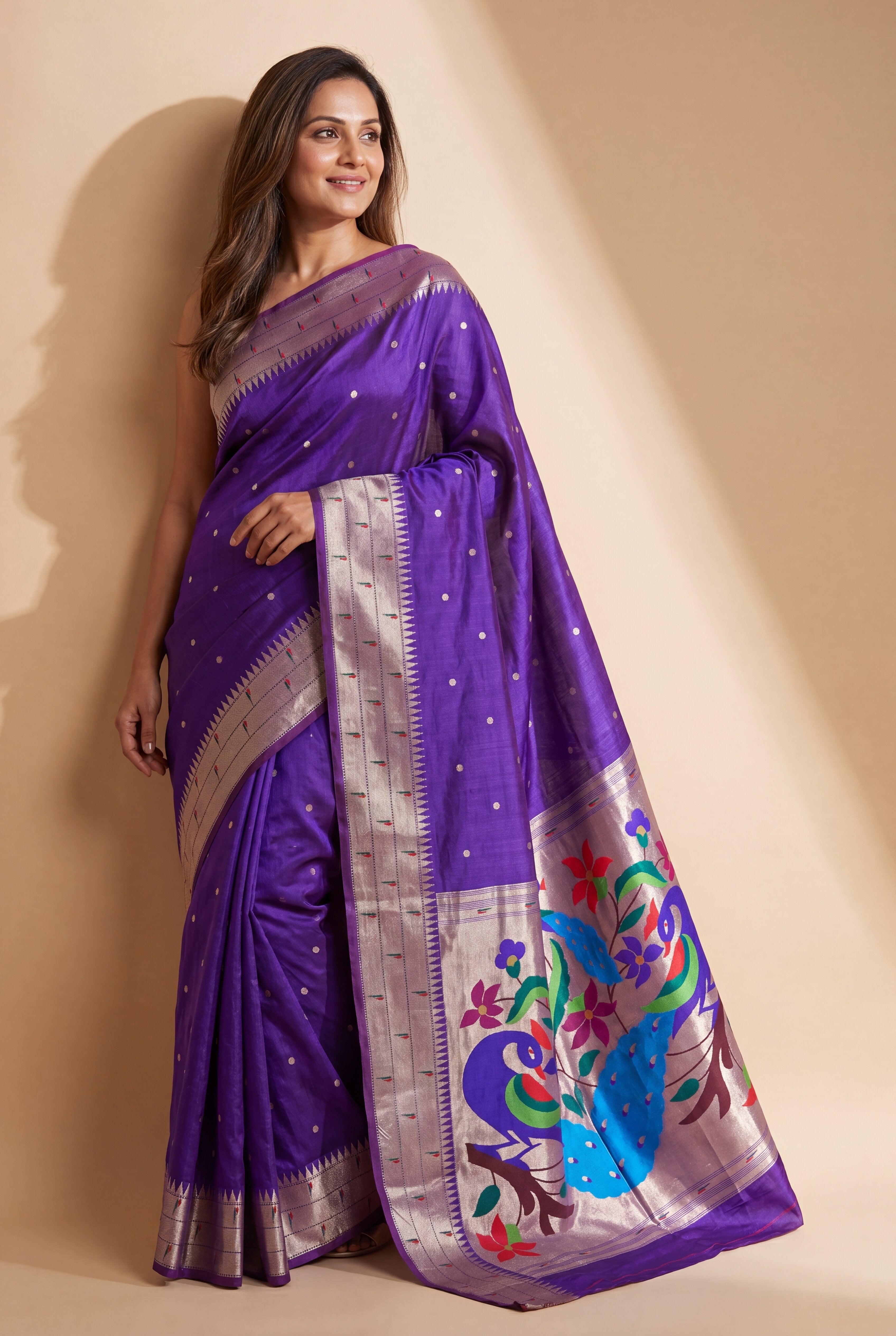 Royal Purple Tussar Silk Paithani Saree with Triple Munya border
