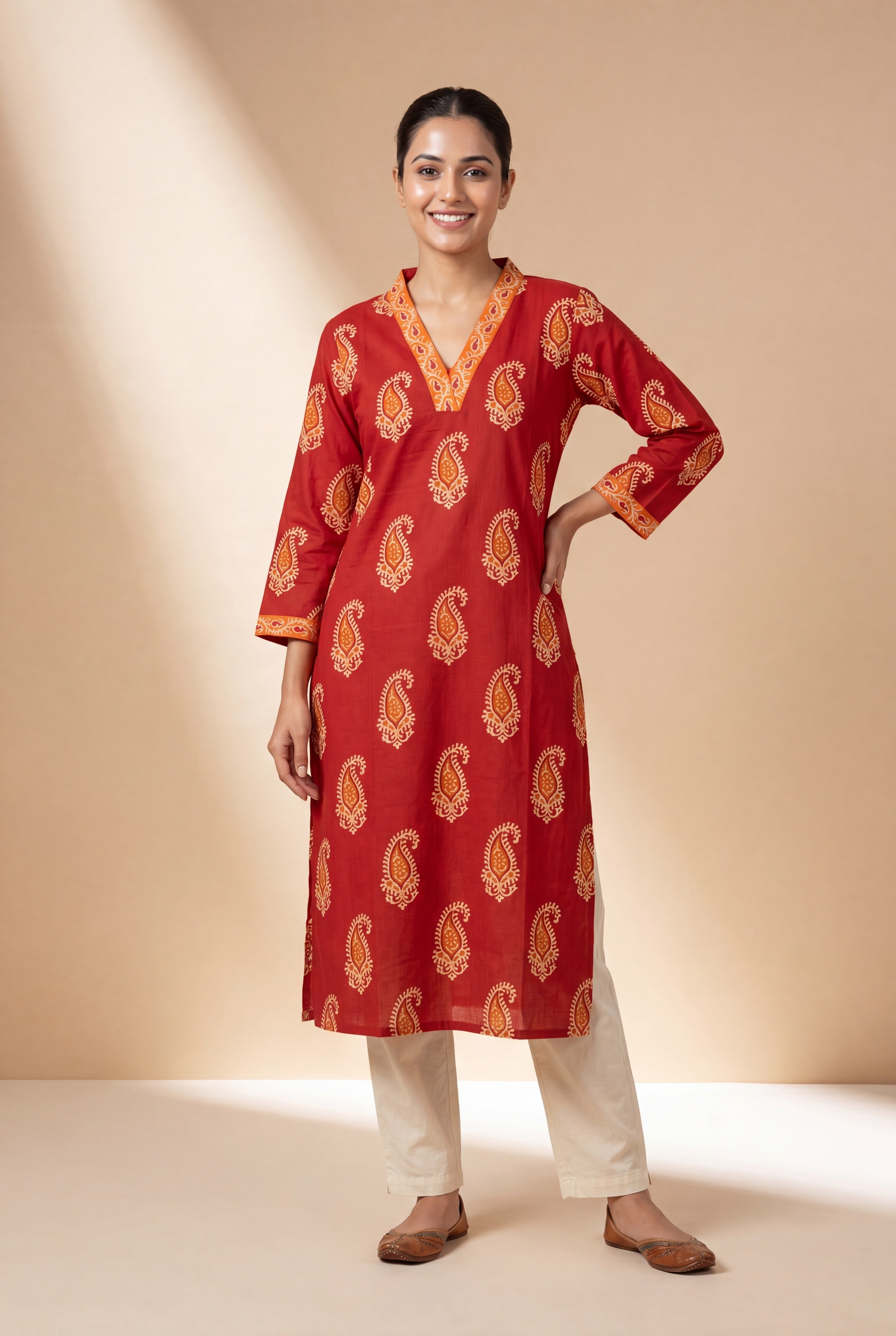 Ruby Red Āmralekhā Cotton Kurti