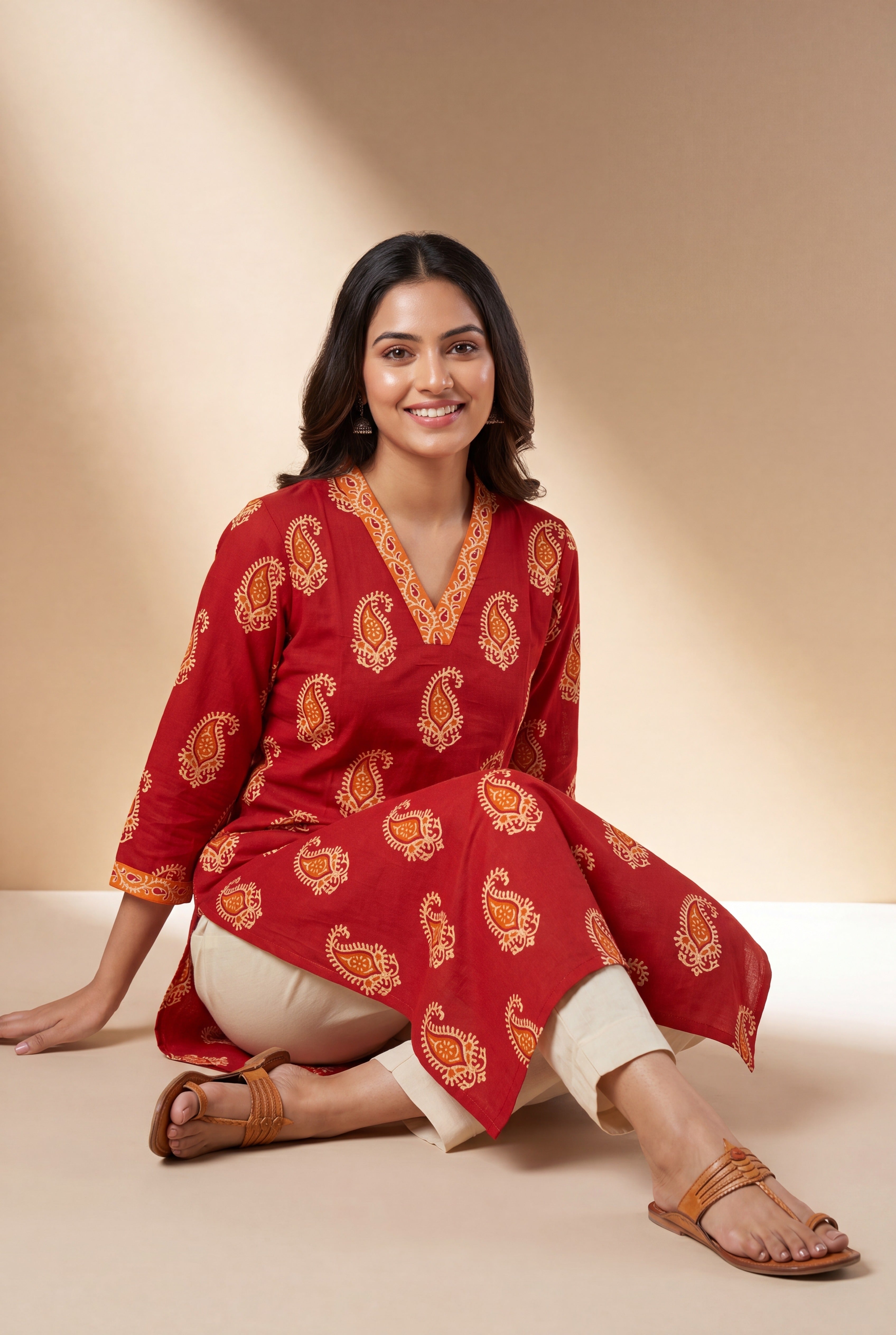 Ruby Red Āmralekhā Cotton Kurti